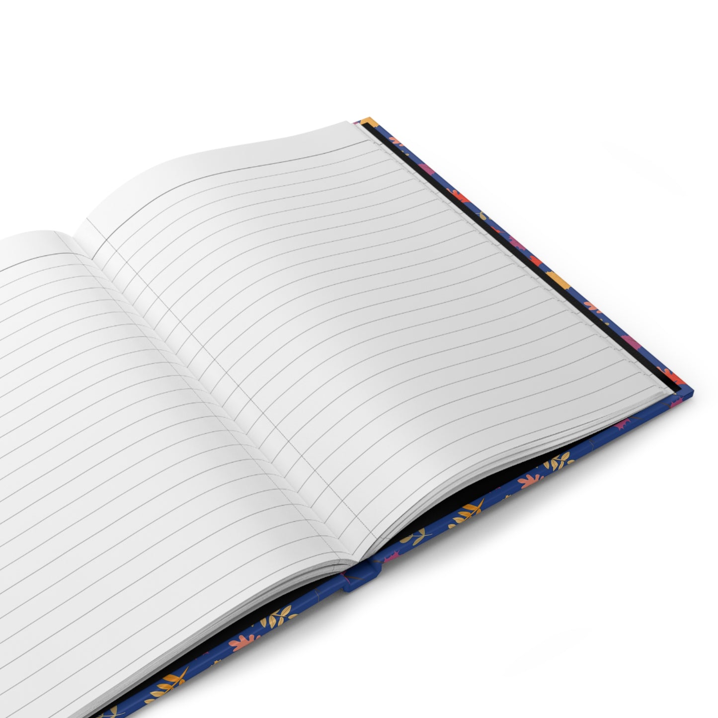 HARDCOVER JOURNAL, MATTE, RULED, 5X7, SEWN BIND, CLEAN-TEAR PAGES – FALL FOLIAGE design with open, lined pages and a glimpse of vibrant floral-patterned cover, ideal for joyful, stylish note-taking.
