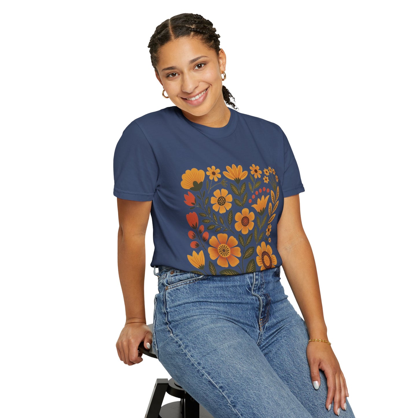 Folk Art in Warm Yellows Floral T-Shirt featuring artistic floral designs, embodying traditional embroidery styles. Made from high-quality cotton with a relaxed fit, perfect for casual wear and art enthusiasts.