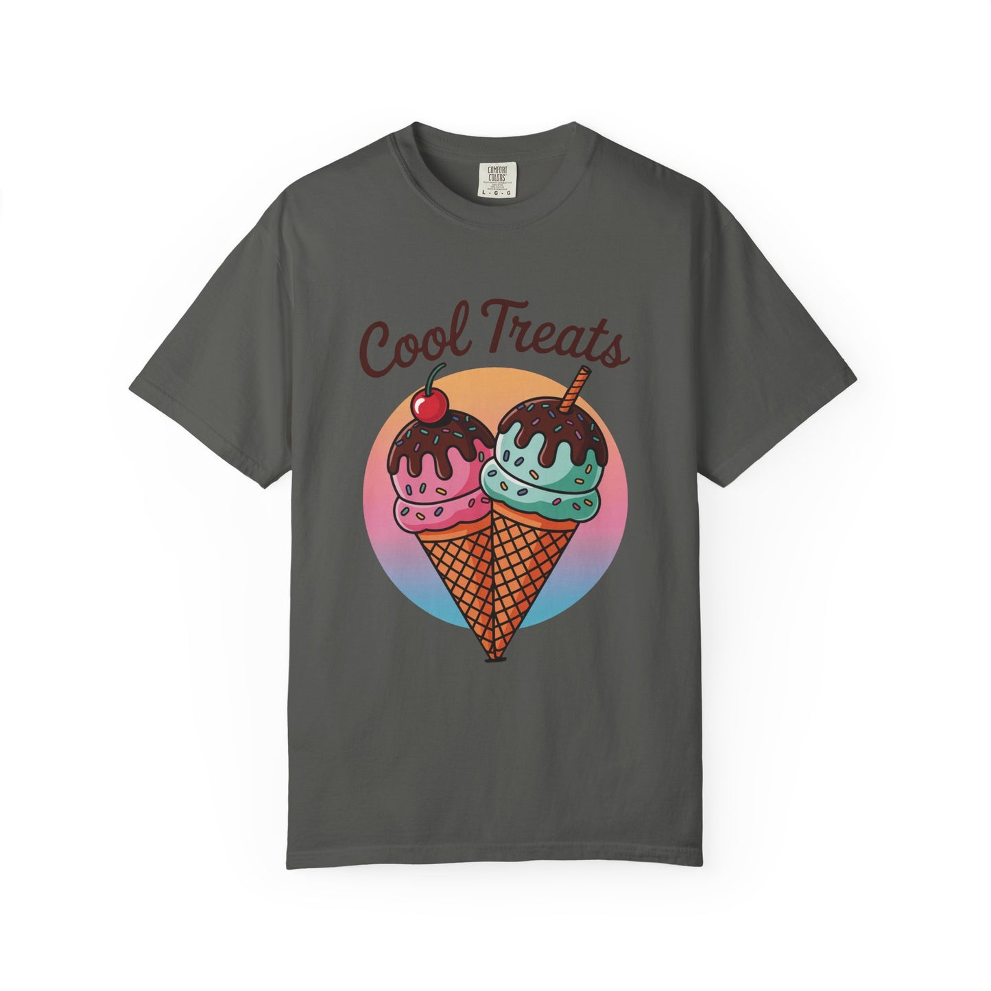 Ice Cream Cool Treats Comfort Colors Unisex T-Shirt featuring playful ice cream cone graphics, embodies a fun, summery vibe, ideal for casual wear and summer celebrations.