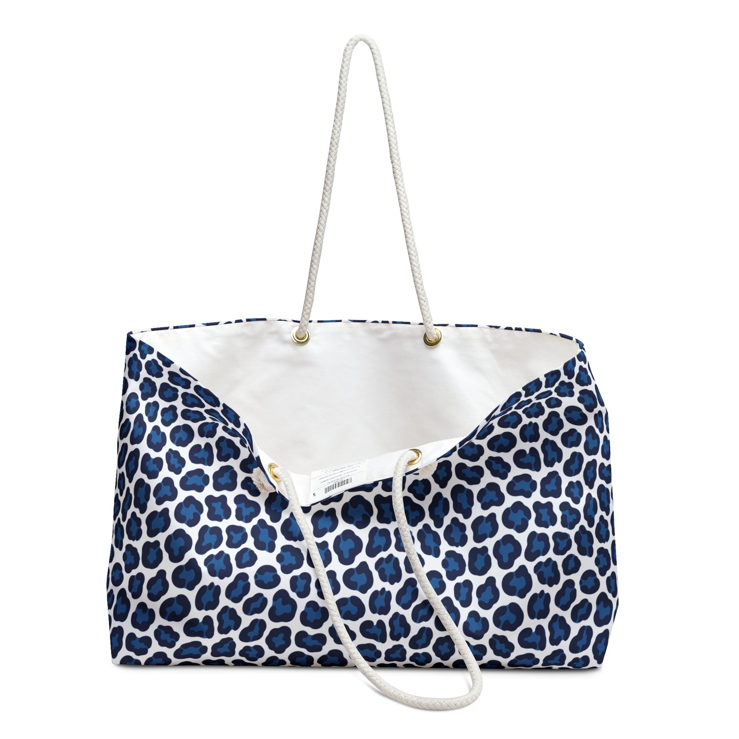 Weekender Bag Blue Cheetah Print with blue and white leopard pattern, features 27 rope handles and gold grommets, ideal for stylish travelers seeking a spacious, durable accessory for quick getaways.