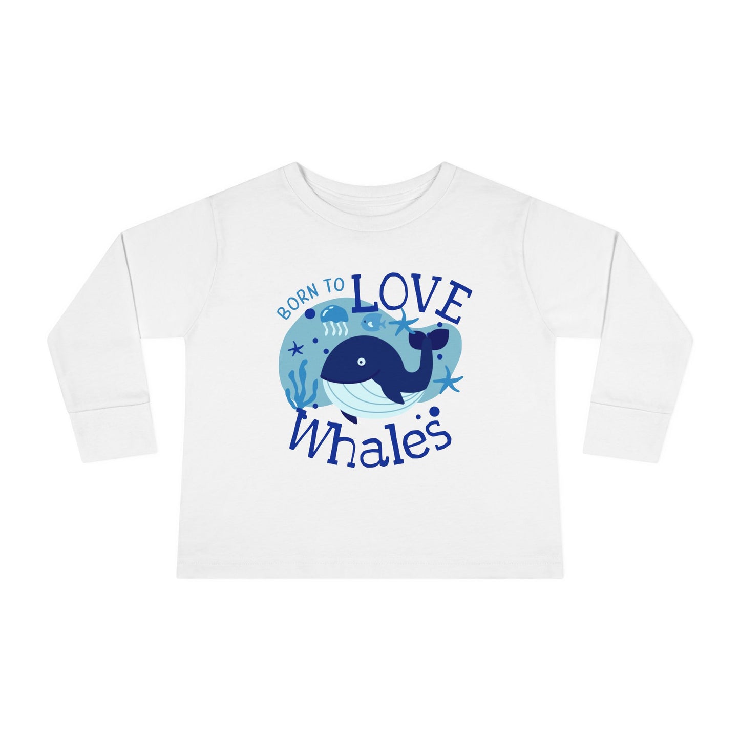 Born to Love Whales - Cute Ocean Toddler T-Shirt featuring a blue whale and playful text design on a white tee. Ideal for young marine enthusiasts, blending comfort and adorable style.