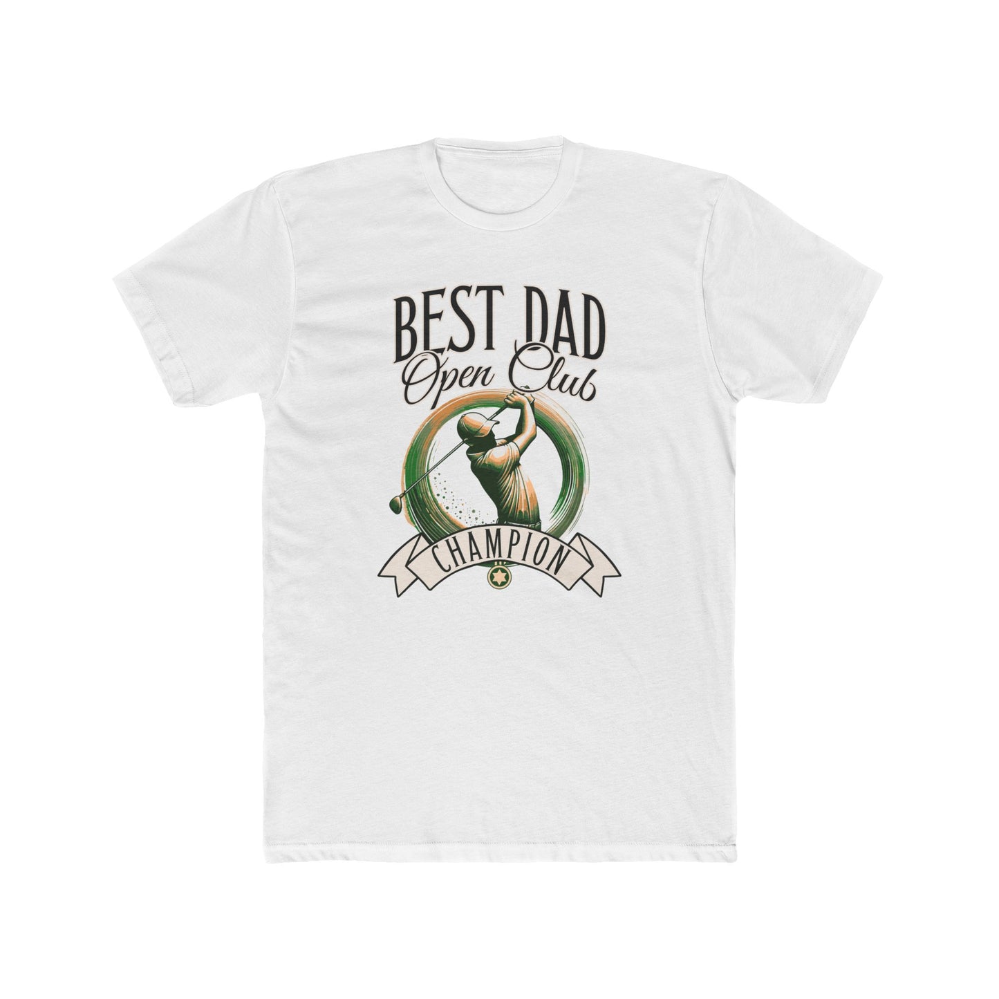 Best Dad Open Club Golf T-Shirt showcasing a relaxed fit with ribbed knit collar and shoulder tape, ideal for golf enthusiasts. Crafted from 100% combed cotton, perfect for Father's Day or casual outings.