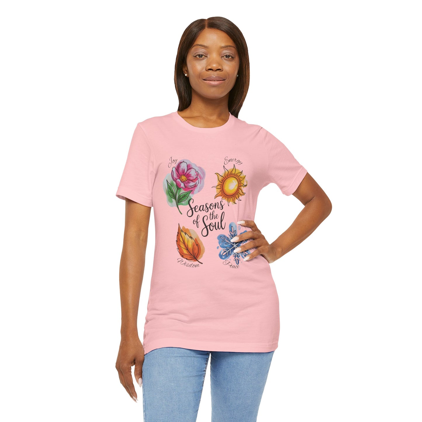 Seasons of the Soul: Joy, Energy, Wisdom & Peace T-Shirt showcasing a serene design, perfect for yoga or meditation. Made with soft cotton, it offers comfort and style for everyday wear.