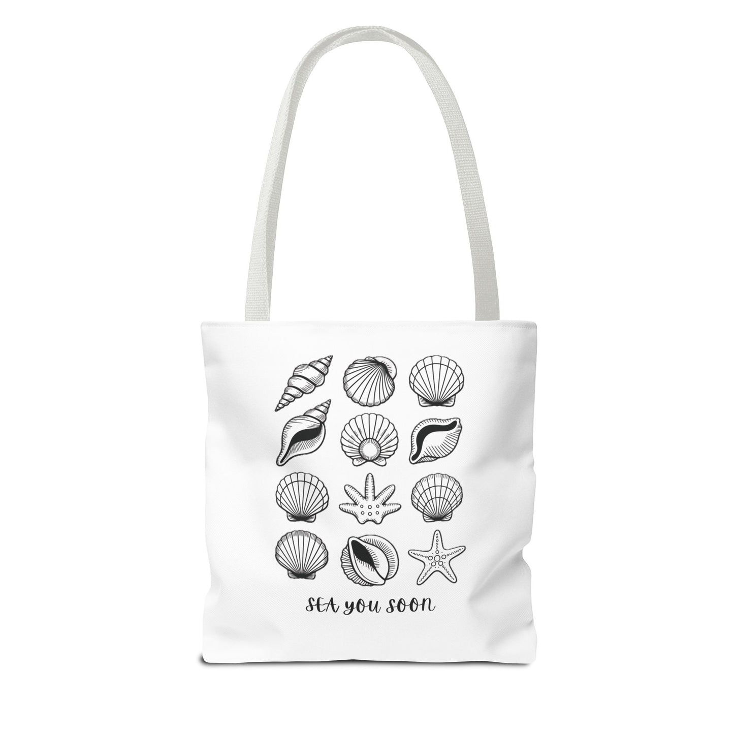 Sea Shells Tote Bag with a beachy design, showcasing reinforced stitching and durable polyester, ideal for coastal adventures. Perfect for carrying essentials, reflecting FireBrook Essentials' joyful, stylish ethos.