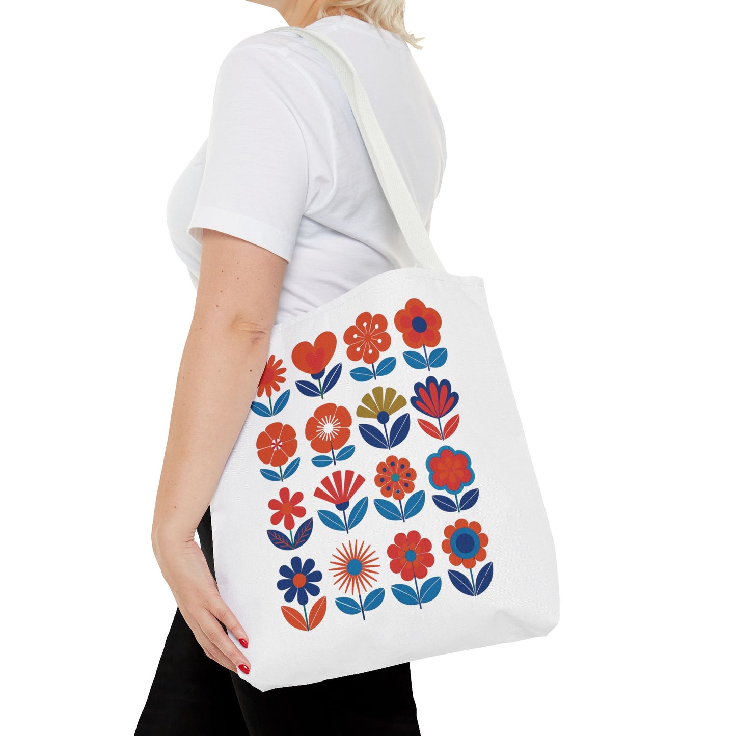 Floral Tote Bag with mid-century modern floral design, showcasing stylish boxed corners and reinforced handles, perfect for fashion-forward individuals seeking durability and chic flair for daily essentials.