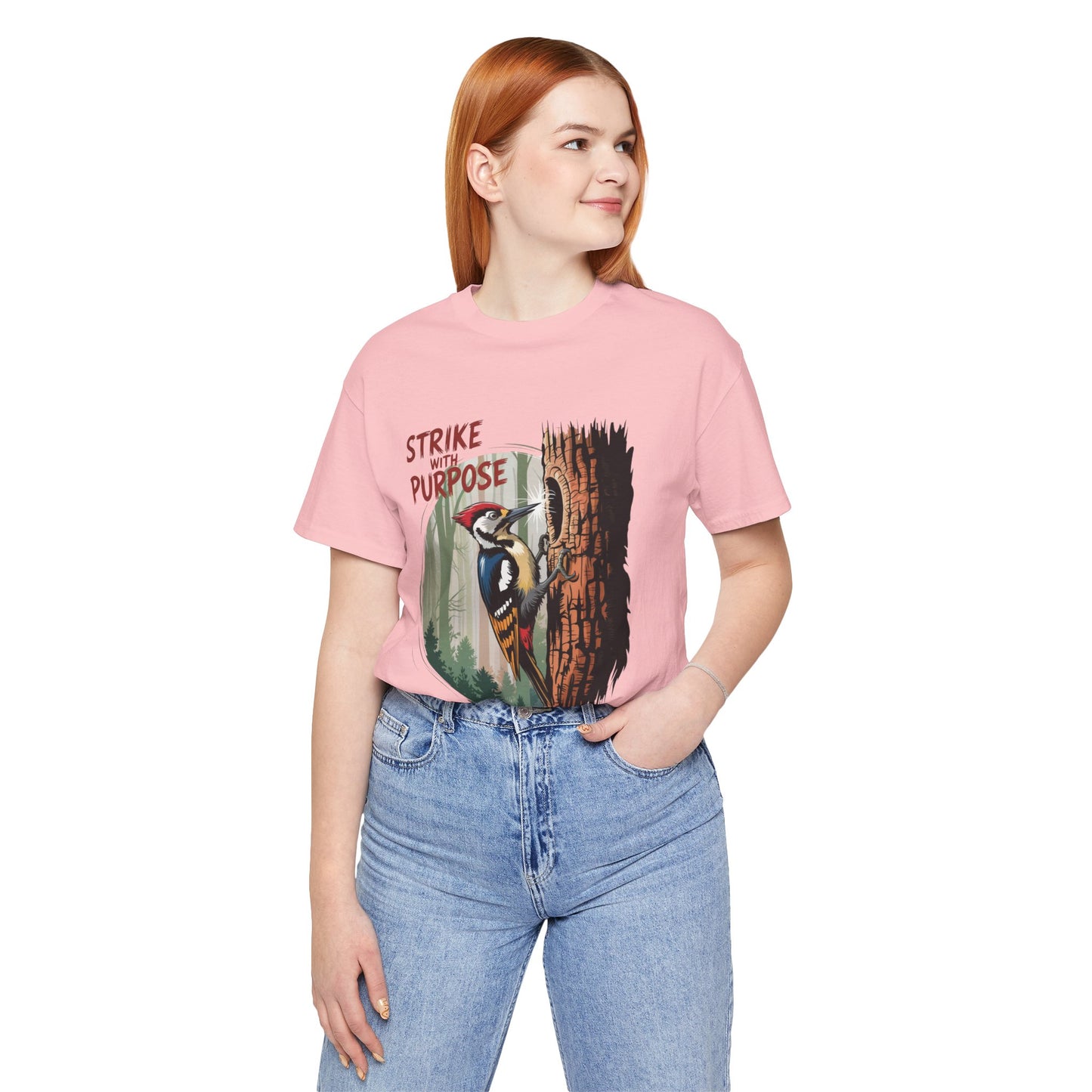 Woodpecker: Strike with a Purpose Bella+Canvas Unisex T-Shirt featuring a bold woodpecker graphic, capturing a motivational and nature-inspired theme, perfect for casual wear and outdoor activities.