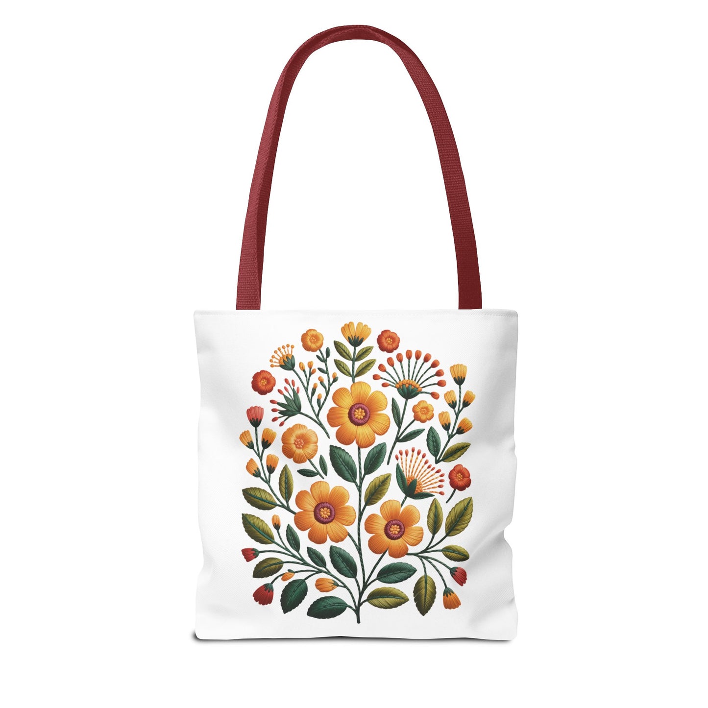 Folk Art Floral Faux Embroidery Style Tote Bag showcases a vibrant floral design with earthy accents, perfect for daily use by nature lovers and art enthusiasts. Ideal for adding a touch of joy and style.