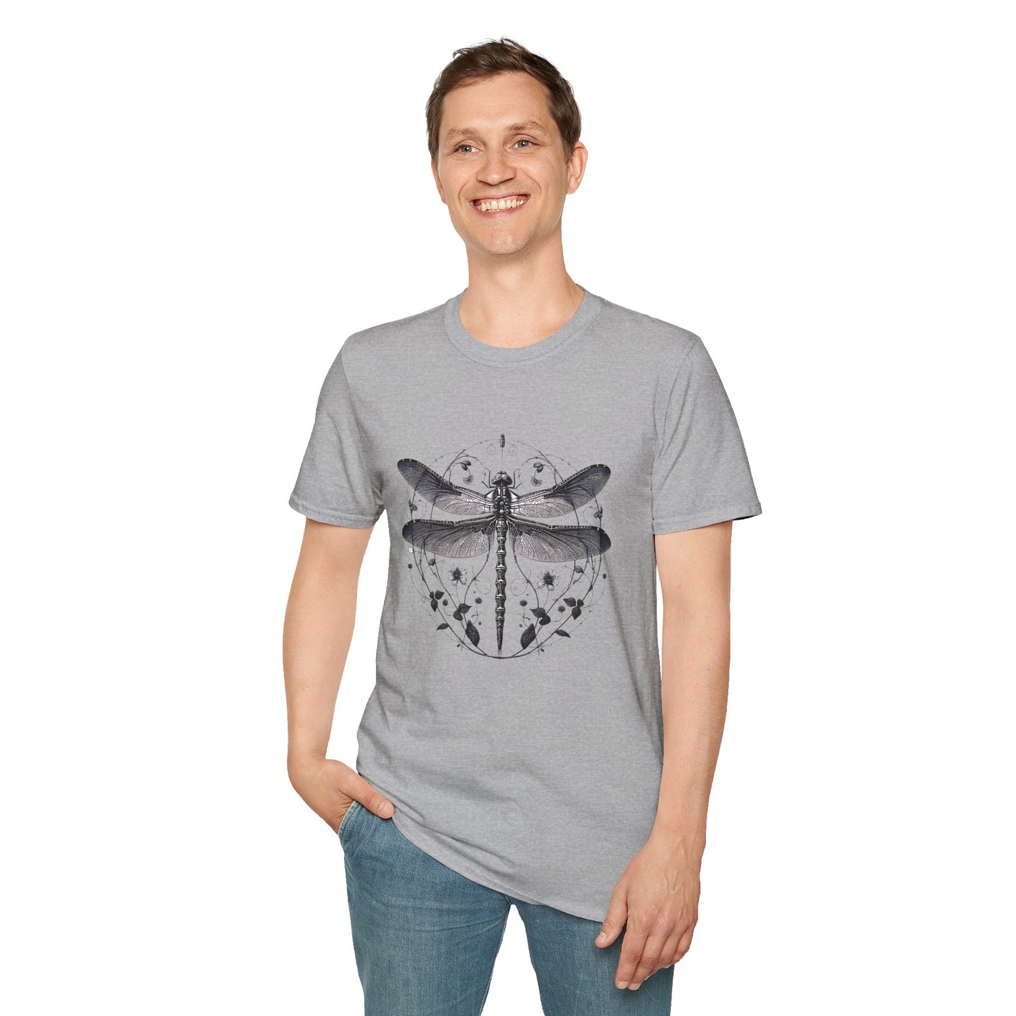 Dragonfly Gildan Unisex T-Shirt showcasing a unique dragonfly design, ideal for expressing individuality and comfort. Perfect for casual outings, it embodies FireBrook Essentials' commitment to joyful, sustainable fashion.
