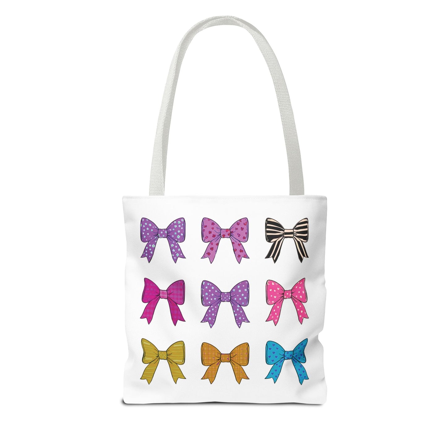 Bows Ribbons Tote Bag featuring colorful bow prints, spacious design, and durable polyester material with reinforced stitching, perfect for stylish, everyday use.