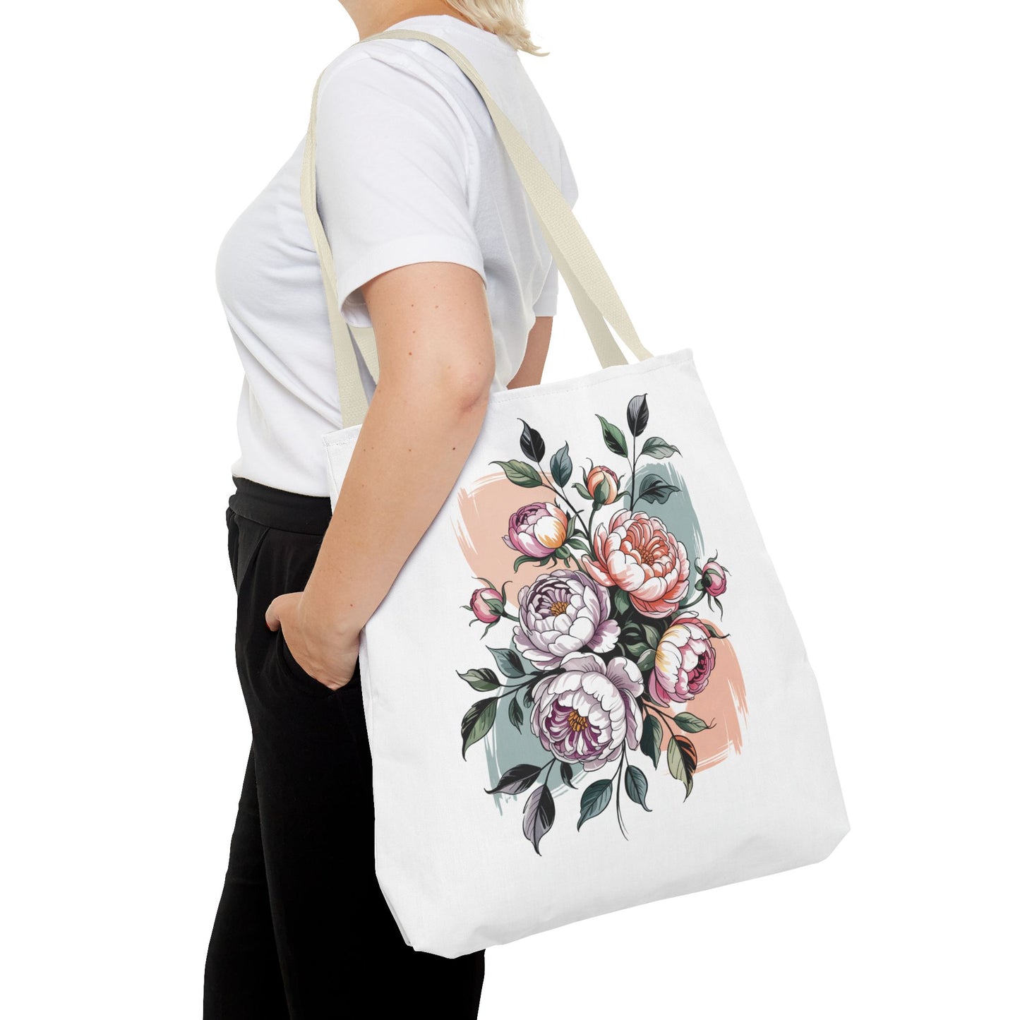 Vintage Peony Tote Bag showcasing a charming floral design, ideal for nature enthusiasts. Perfect for carrying essentials, this durable 100% polyester bag features reinforced handles and boxed corners for extra room.