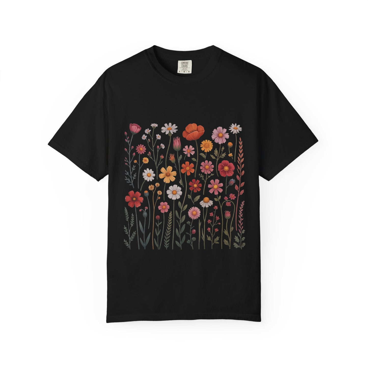 Wildflowers Summer T-Shirt featuring a vibrant floral design, double-needle stitching, and a sleek look, epitomizing carefree summer style. Perfect for outdoor enthusiasts who value comfort and durability.