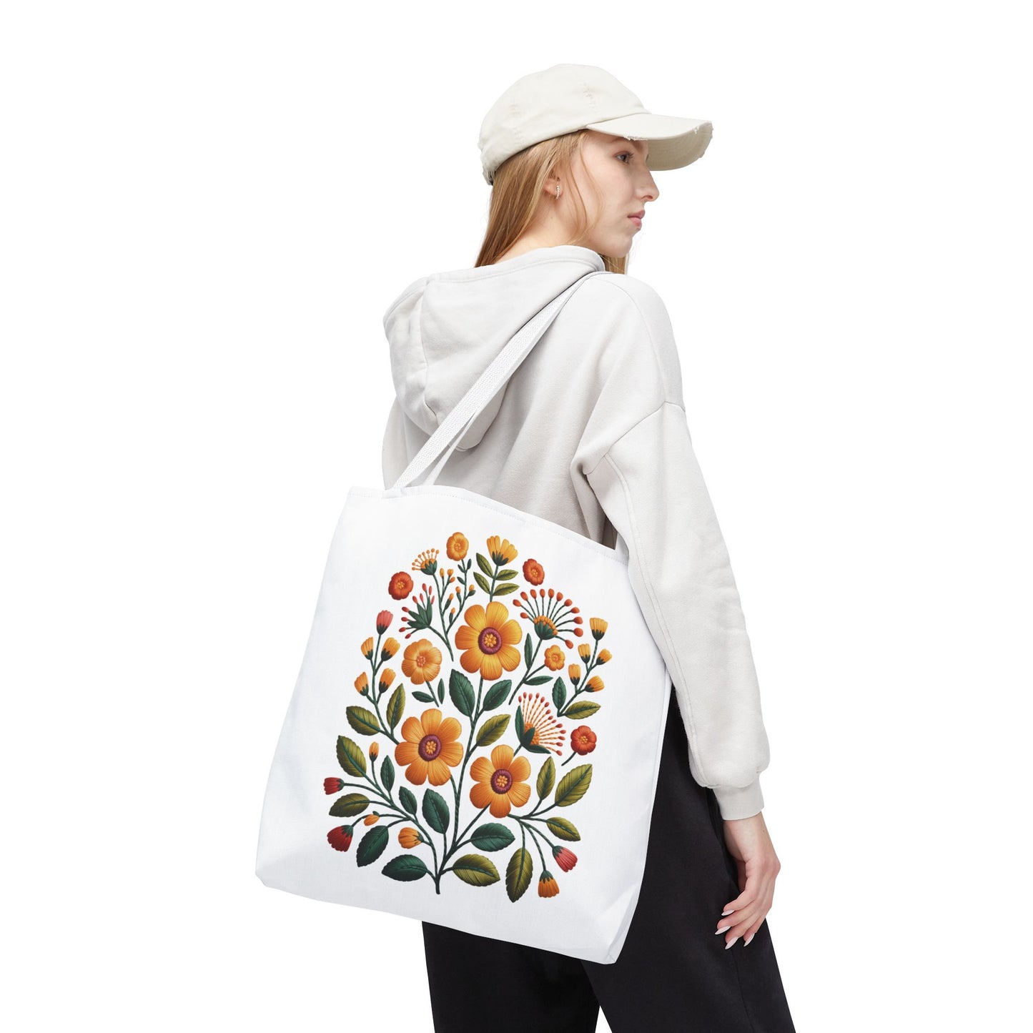 Folk Art Floral Faux Embroidery Style Tote Bag showcasing a vibrant, folk-inspired floral design with warm earth tones and bold vector style, embodying FireBrook Essentials' uplifting and artistic aesthetic.
