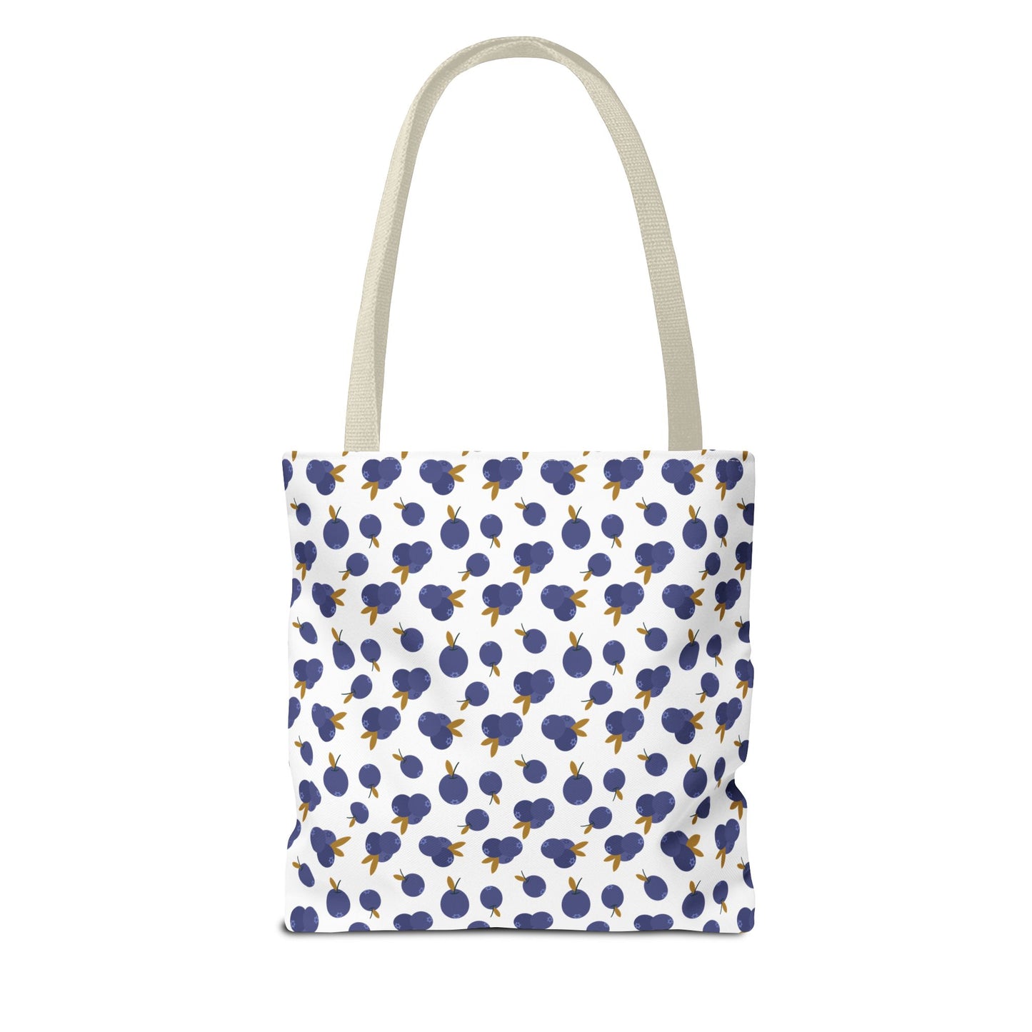 Blueberry Tote Bag with a charming blueberry pattern, durable polyester build, reinforced handles, and boxed corners, offering a stylish and practical accessory for everyday use.