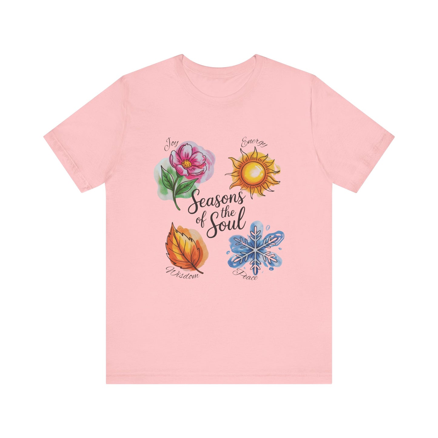 Seasons of the Soul: Joy, Energy, Wisdom & Peace T-Shirt displayed on a hanger, highlighting its lightweight fabric and casual fit, ideal for those seeking comfort and spiritual balance in everyday wear.