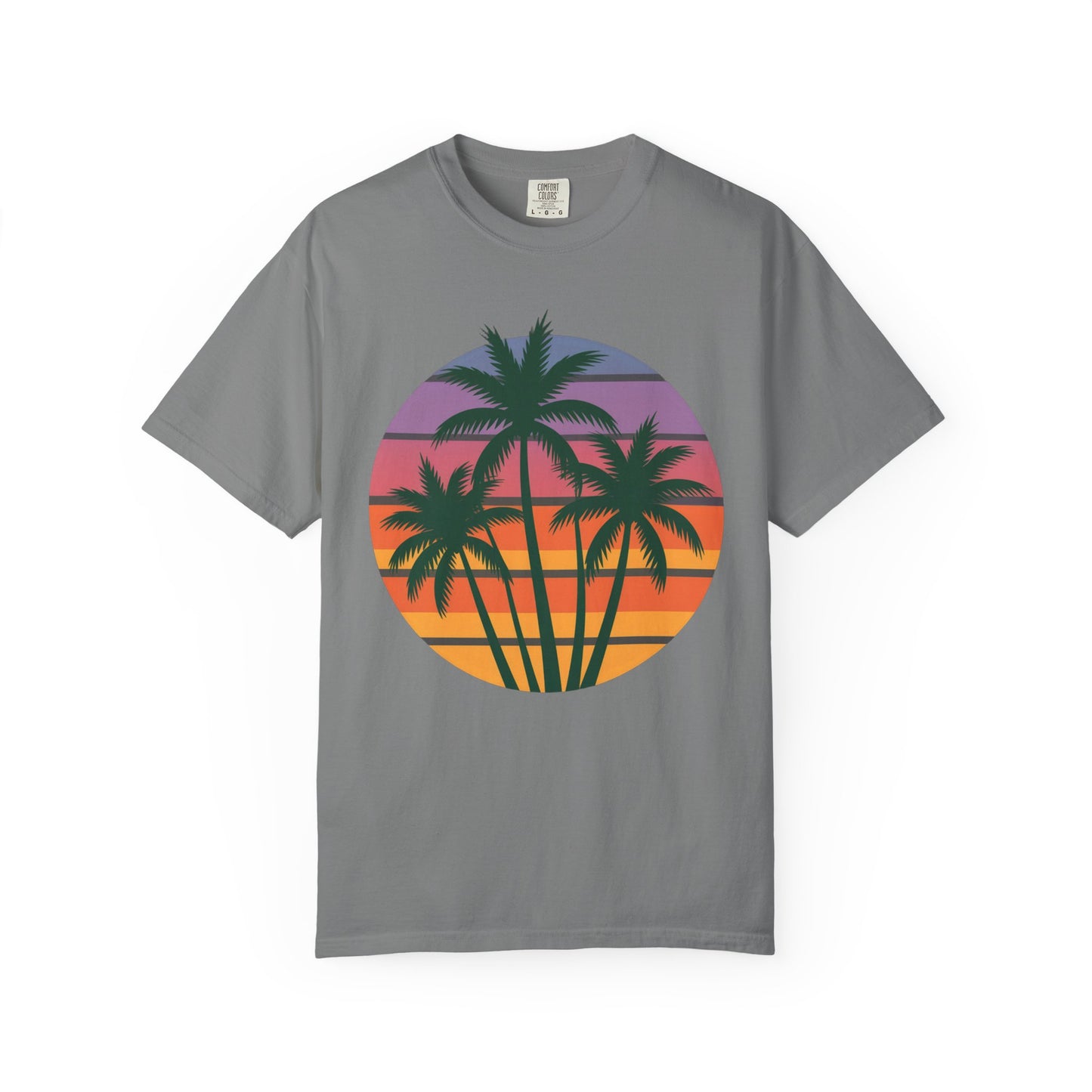 Palm Tree Sunset T-shirt showcasing vibrant palm tree silhouettes against a sunset sky, capturing a tropical, relaxed vibe. This unisex garment-dyed shirt from FireBrook Essentials embodies comfort and joy.