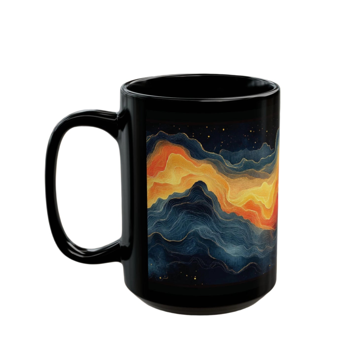 Galaxy Sky Mug (11oz, 15oz) featuring an abstract mountain sunset motif. This black mug offers a vibrant, artistic design, perfect for enjoying your favorite hot beverages.