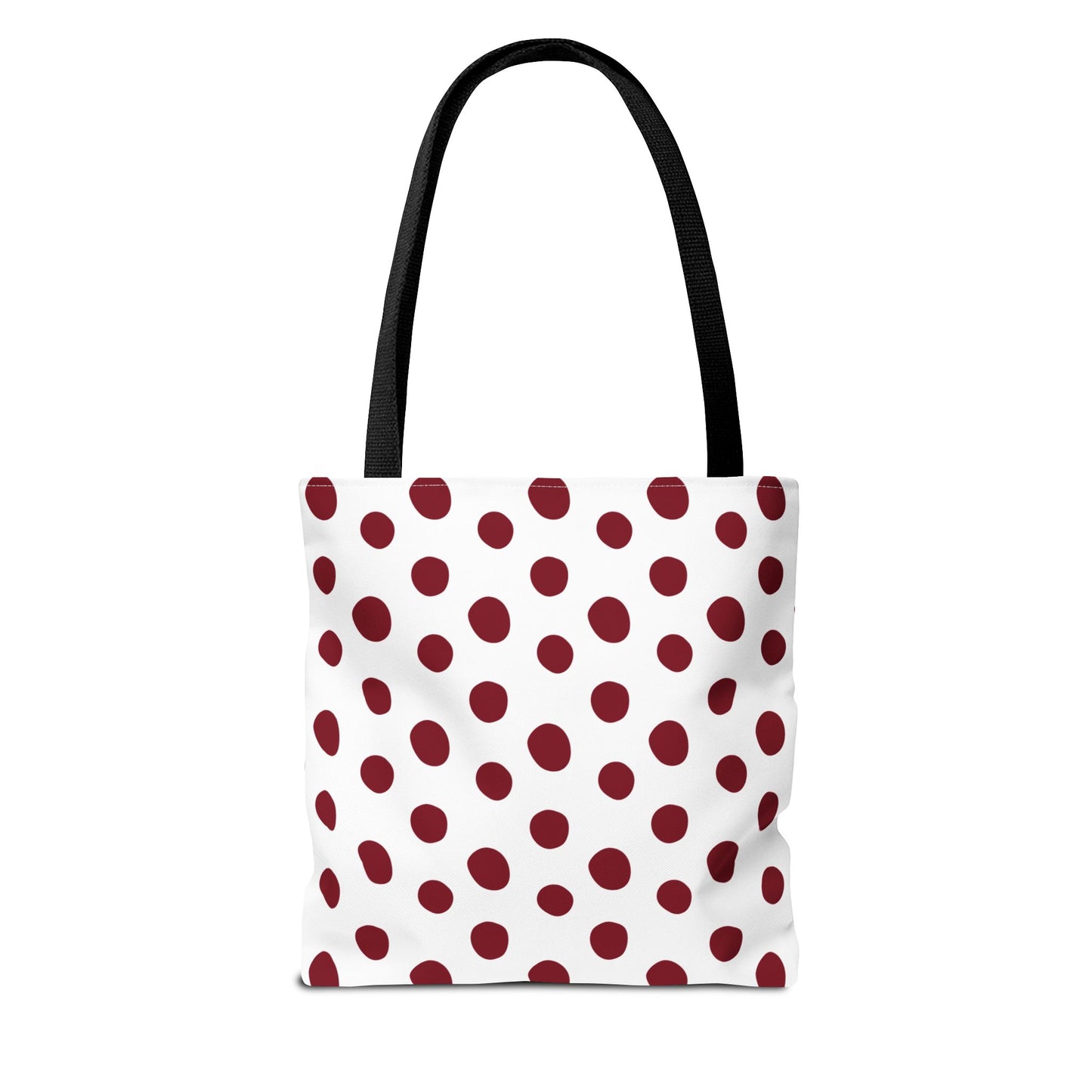 Burgundy Polka Dots Tote Bag with black handles, featuring a classic design with durable polyester fabric. Perfect for everyday use, it combines style and functionality, embodying FireBrook Essentials' commitment to uplifting designs.