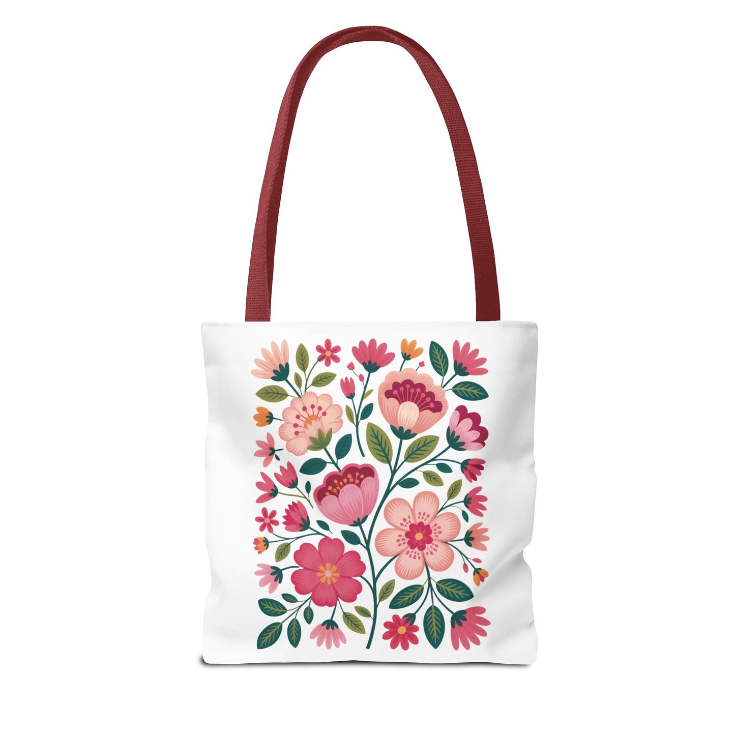 Pink Floral Folk-Art Style Tote Bag featuring vibrant floral illustrations with pink tones, dusty green leaves, and subtle navy accents. Ideal for everyday use, providing both functionality and artistic flair.