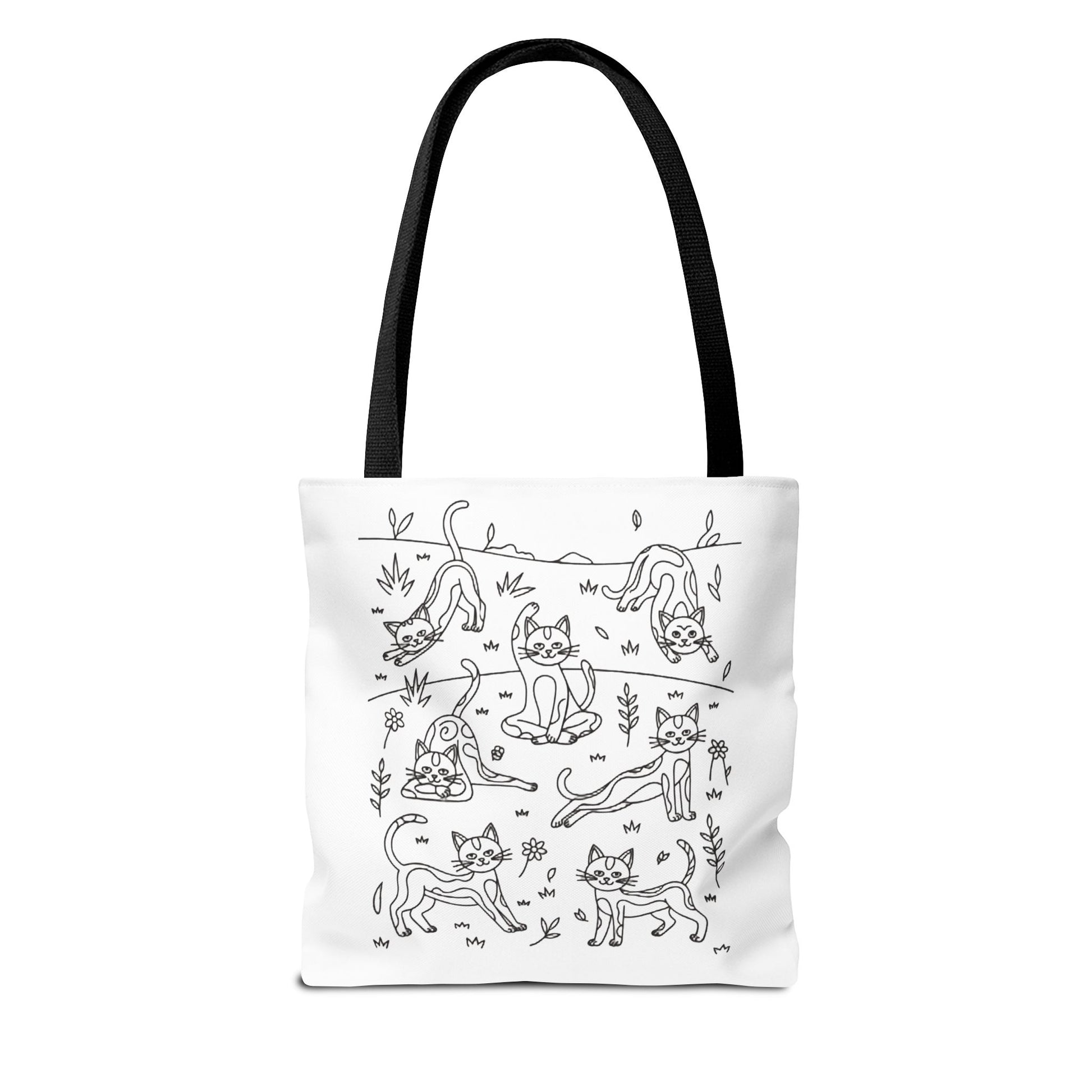 Yoga Cat Tote Bag featuring playful cat yoga poses, ideal for daily errands. Crafted from durable polyester with reinforced handles and boxed corners for extra room, embodying FireBrook Essentials' joyful and uplifting design philosophy.