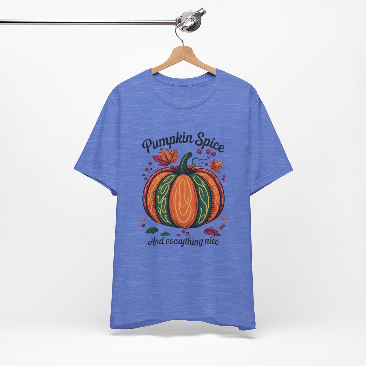 Pumpkin Spice and Everything Nice Fall Thanksgiving Bella+Canvas Unisex T-Shirt, showcasing cozy autumnal style with a retail fit, ribbed collar, and vibrant design, perfect for fall celebrations and casual comfort.