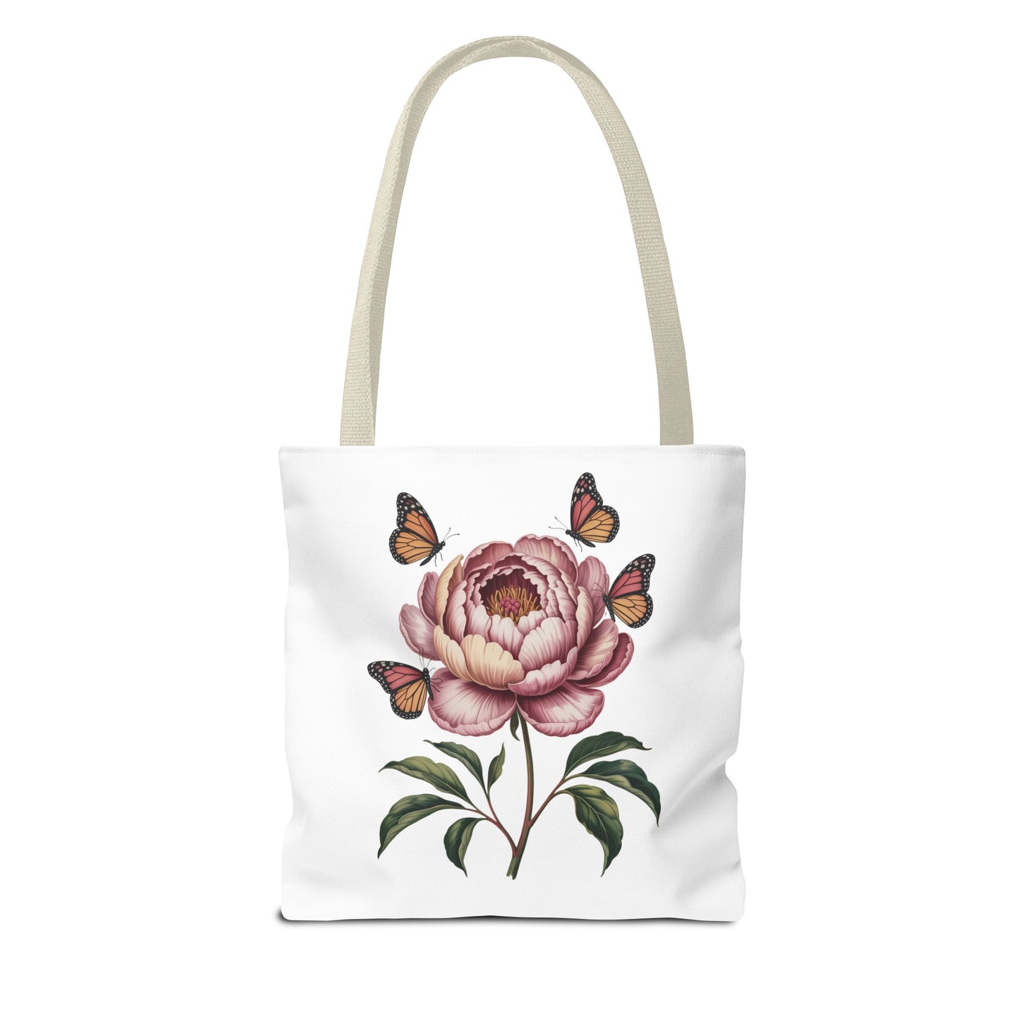 Botanical with Vintage-Inspired Illustration Tote Bag showcasing vibrant flowers, intricate leaves, and fluttering butterflies, perfect for nature lovers and vintage enthusiasts. Durable polyester with reinforced handles, ideal for everyday use.