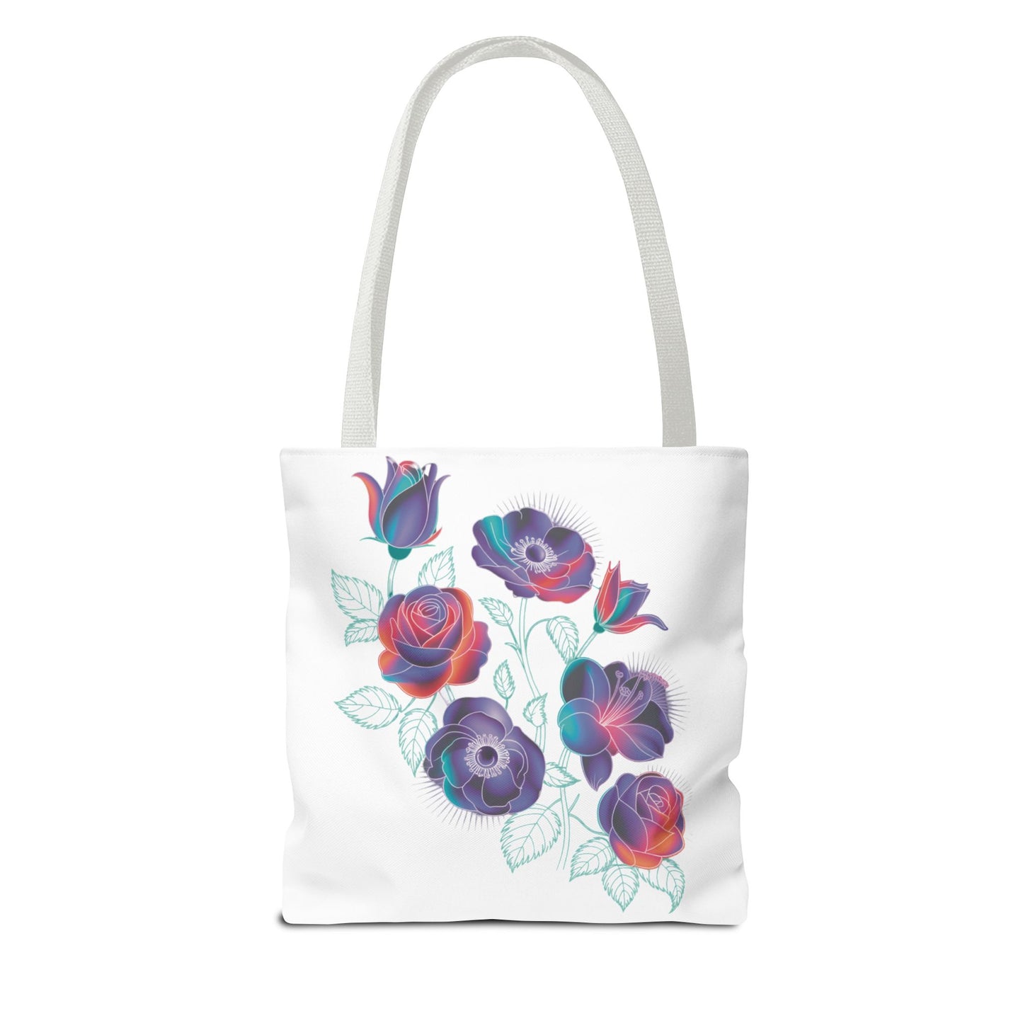 Vibrant Rose, Anemone, Lily Silhouettes Neon Floral Tote Bag showcasing bold floral silhouettes. Features durable polyester, reinforced handles, ideal for adding style to everyday essentials and celebrating unique, uplifting designs.