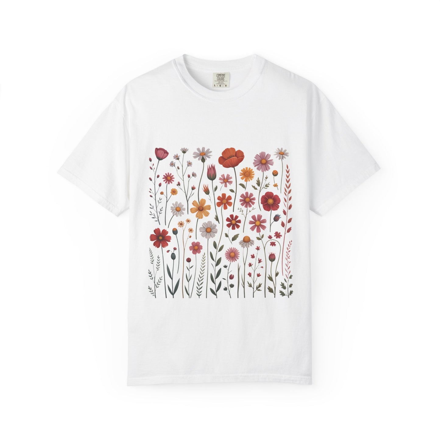 Wildflowers Summer T-Shirt with vibrant floral design, showcasing double-needle stitching and sleek, seamless sides. Ideal for casual outdoor activities, reflecting FireBrook Essentials' commitment to stylish, uplifting apparel.