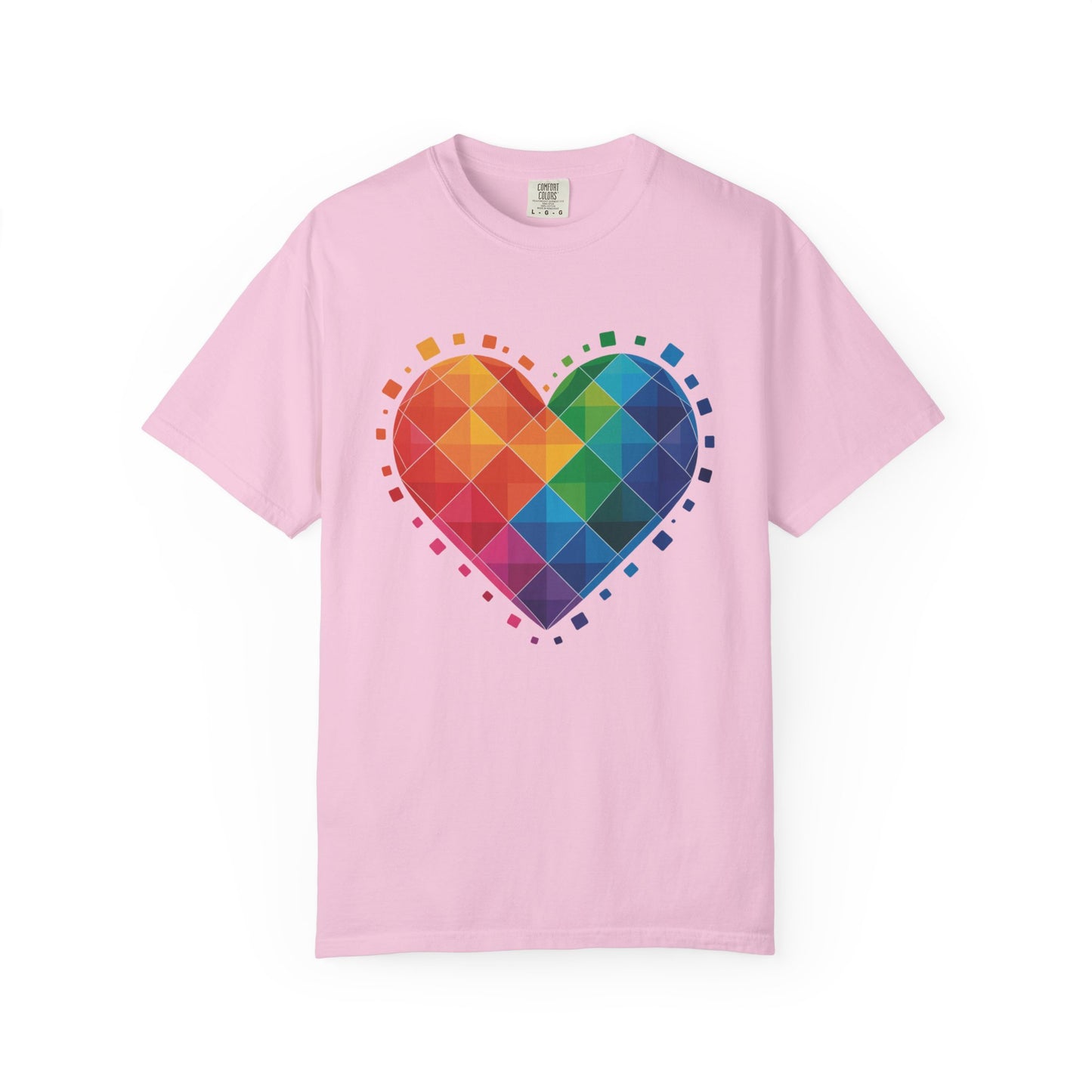 Rainbow Geometric Heart T-Shirt featuring a vibrant, layered heart design with translucent squares, perfect for adding a colorful, contemporary touch to casual wear or special occasions.