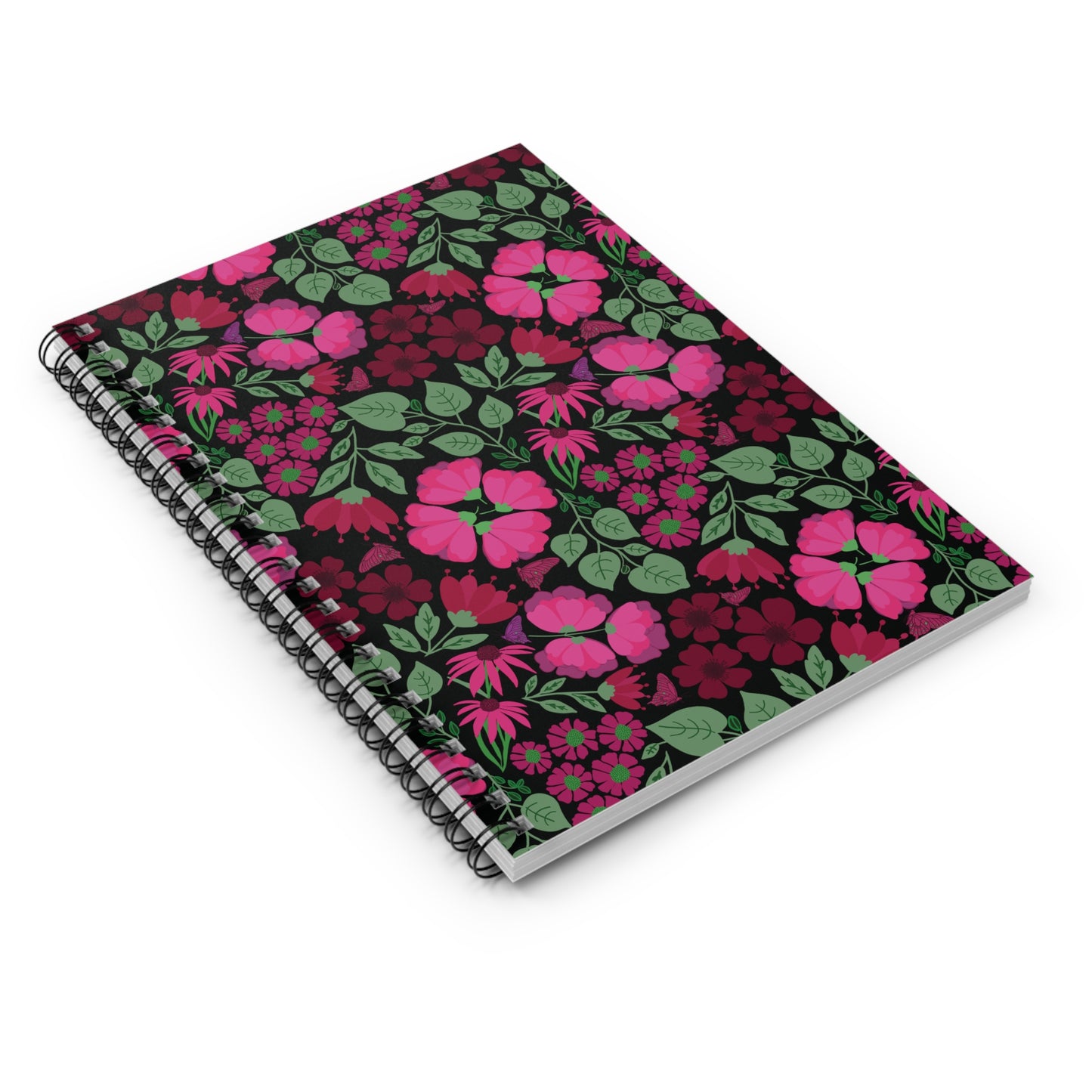 Floral Spiral Notebook with vibrant pink blossoms and green leaves on a black cover, featuring sleek metal binding for easy page flipping, embodies FireBrook Designs' blend of joy and functionality.