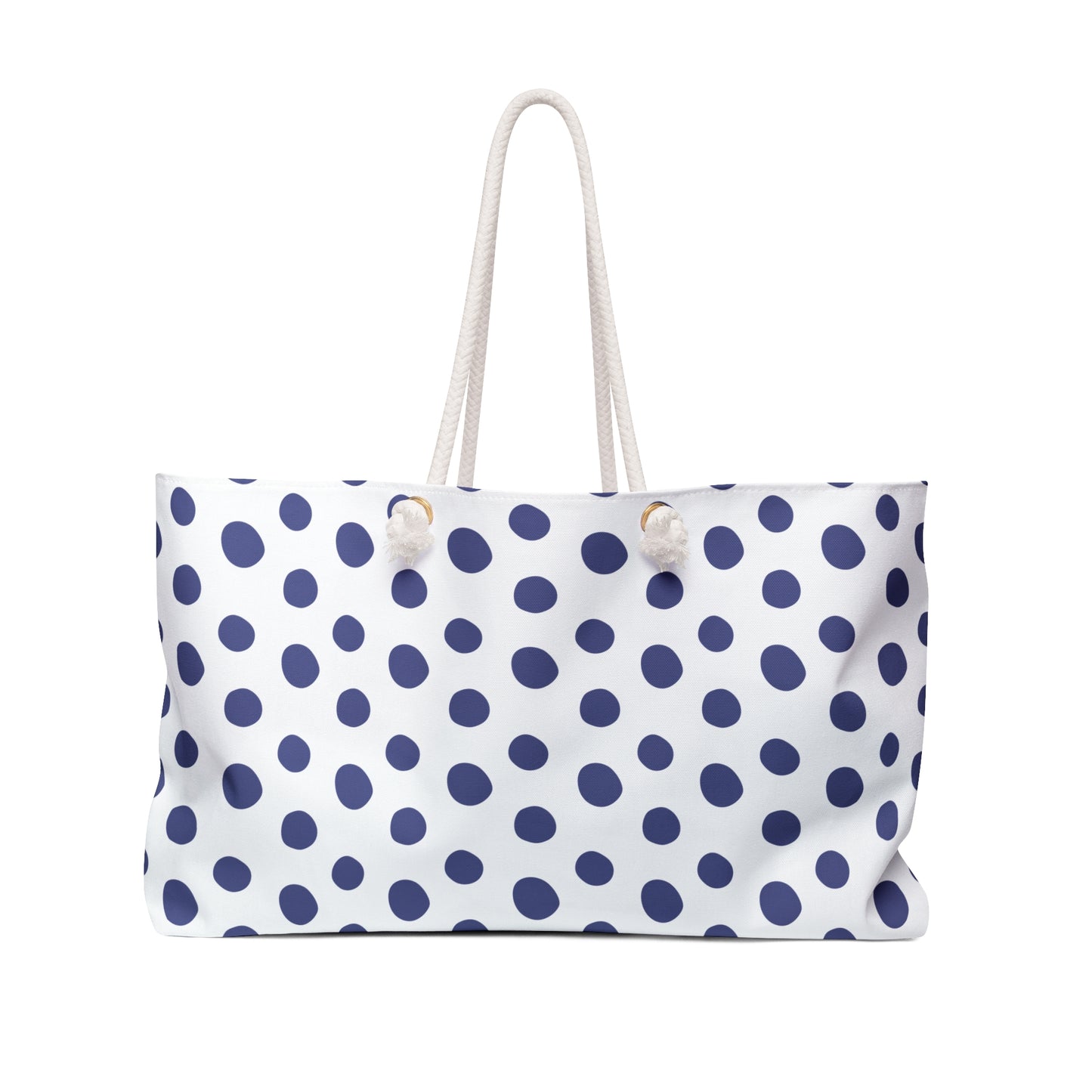 Weekender Bag - Blue Polka Dots Travel Tote: A chic, spacious bag featuring blue polka dots and sturdy rope handles, crafted from durable spun polyester, perfect for weekend adventures.