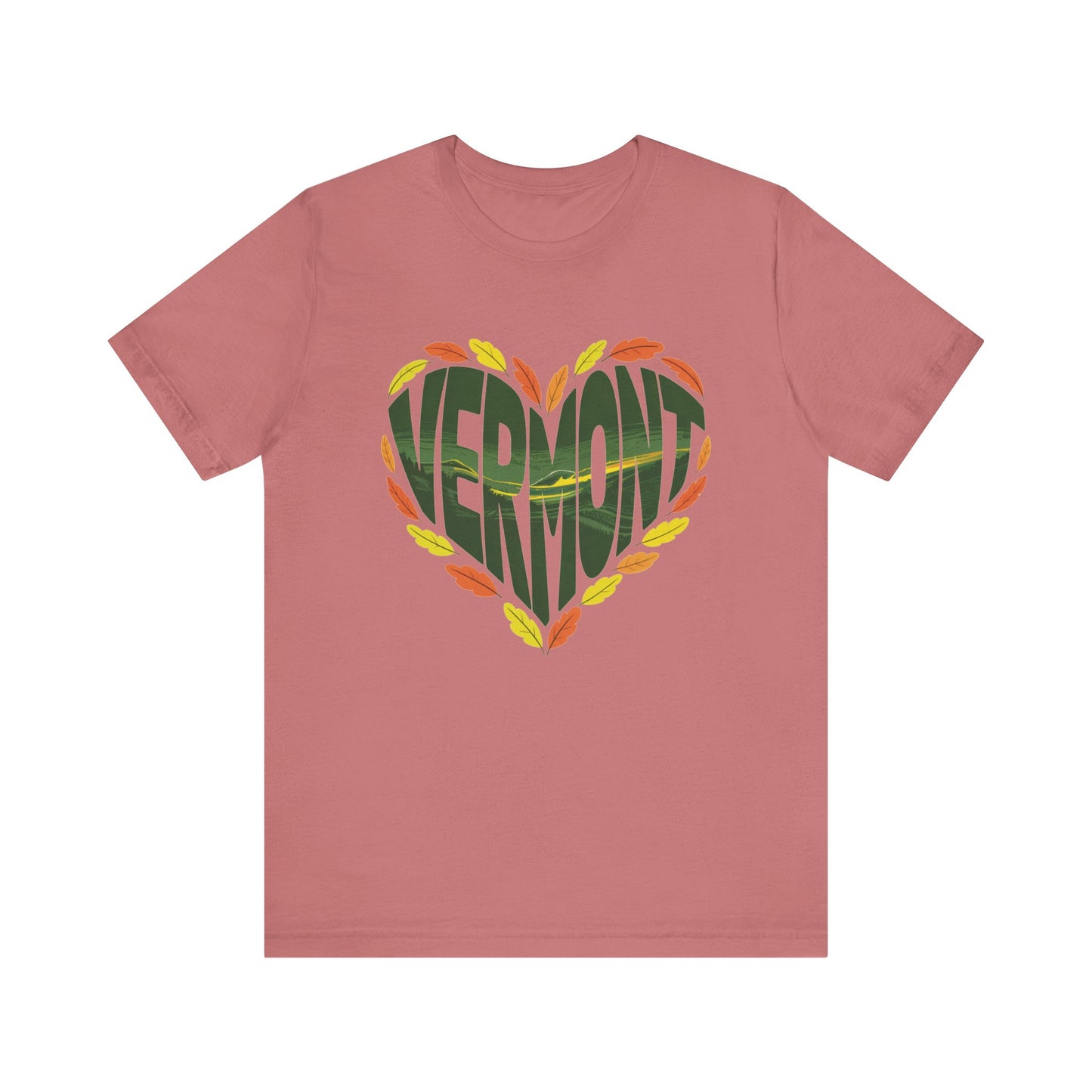 Vermont Love Bella+Canvas Unisex T-Shirt showcasing a relaxed, outdoorsy style, ideal for nature enthusiasts. Features a retail fit with shoulder tape and ribbed collar, embodying FireBrook Essentials' commitment to comfort and style.