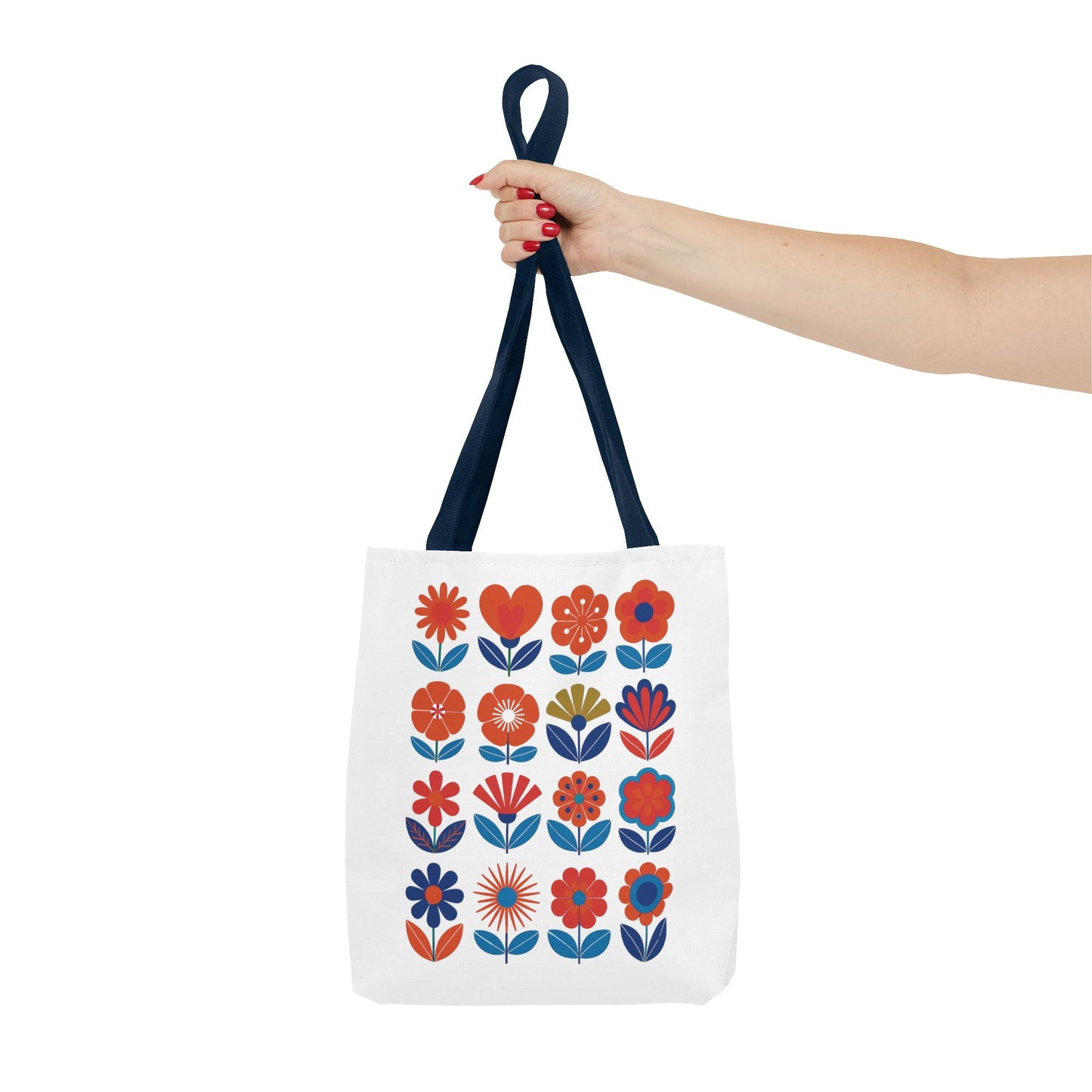 Floral Tote Bag featuring mid-century modern floral elements, designed for fashion-forward individuals. Durable and stylish, perfect for everyday use, with reinforced handles and boxed corners for extra capacity.