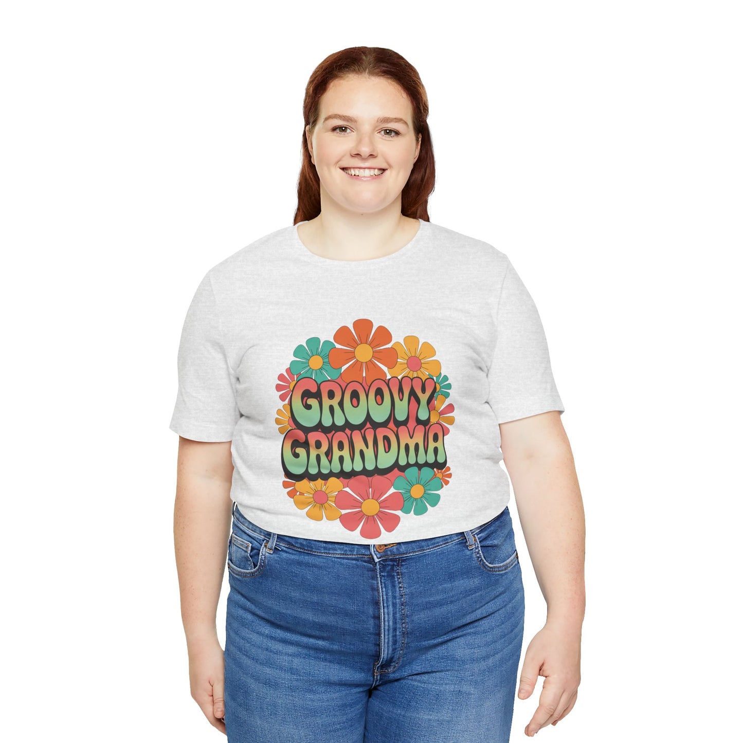 Groovy Grandma for Mother's Day Bella+Canvas Unisex T-Shirt featuring a woman wearing a floral design top, smiling. Perfect for vintage lovers, crafted for comfort and style by FireBrook Essentials.