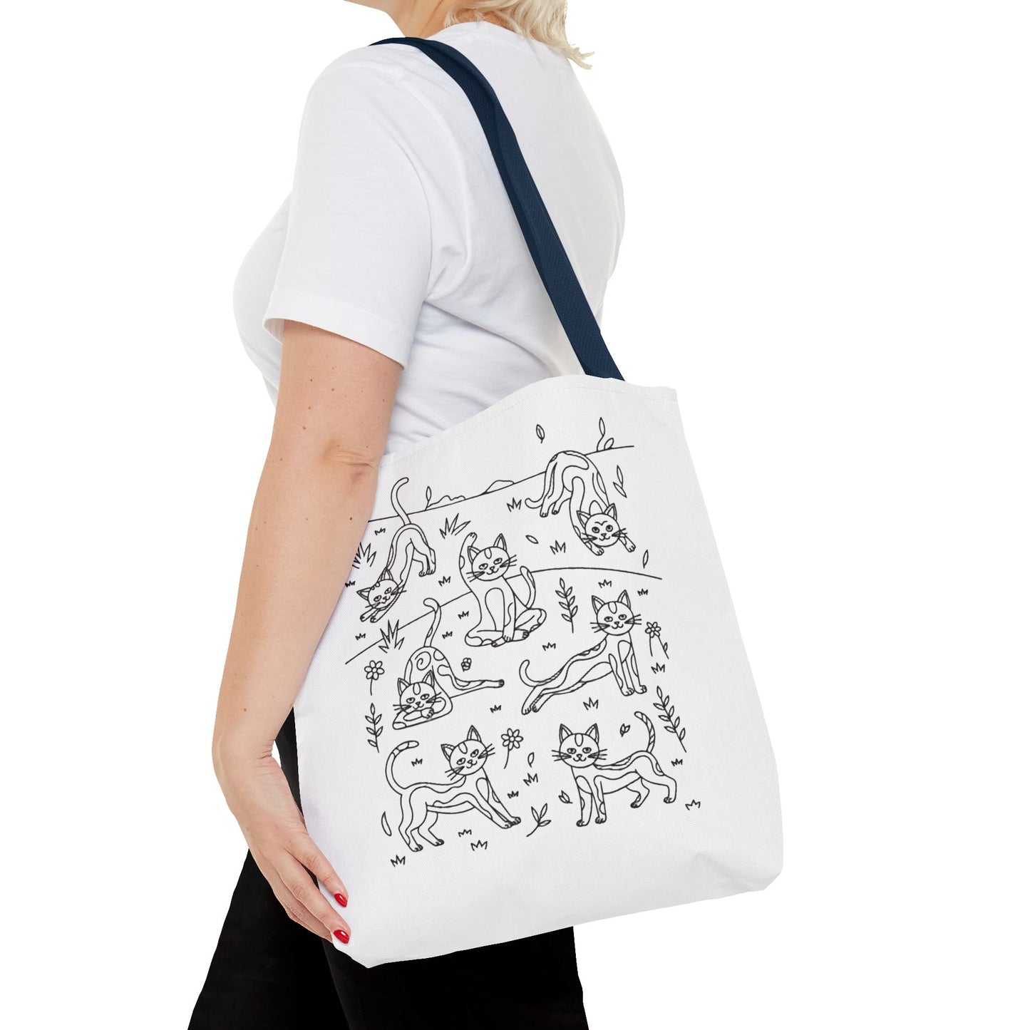 Yoga Cat Tote Bag showcasing playful cat yoga poses, perfect for cat lovers and yoga enthusiasts. Ideal for carrying daily essentials, this bag combines durability with whimsical design, reflecting FireBrook Designs' uplifting and joyful spirit.