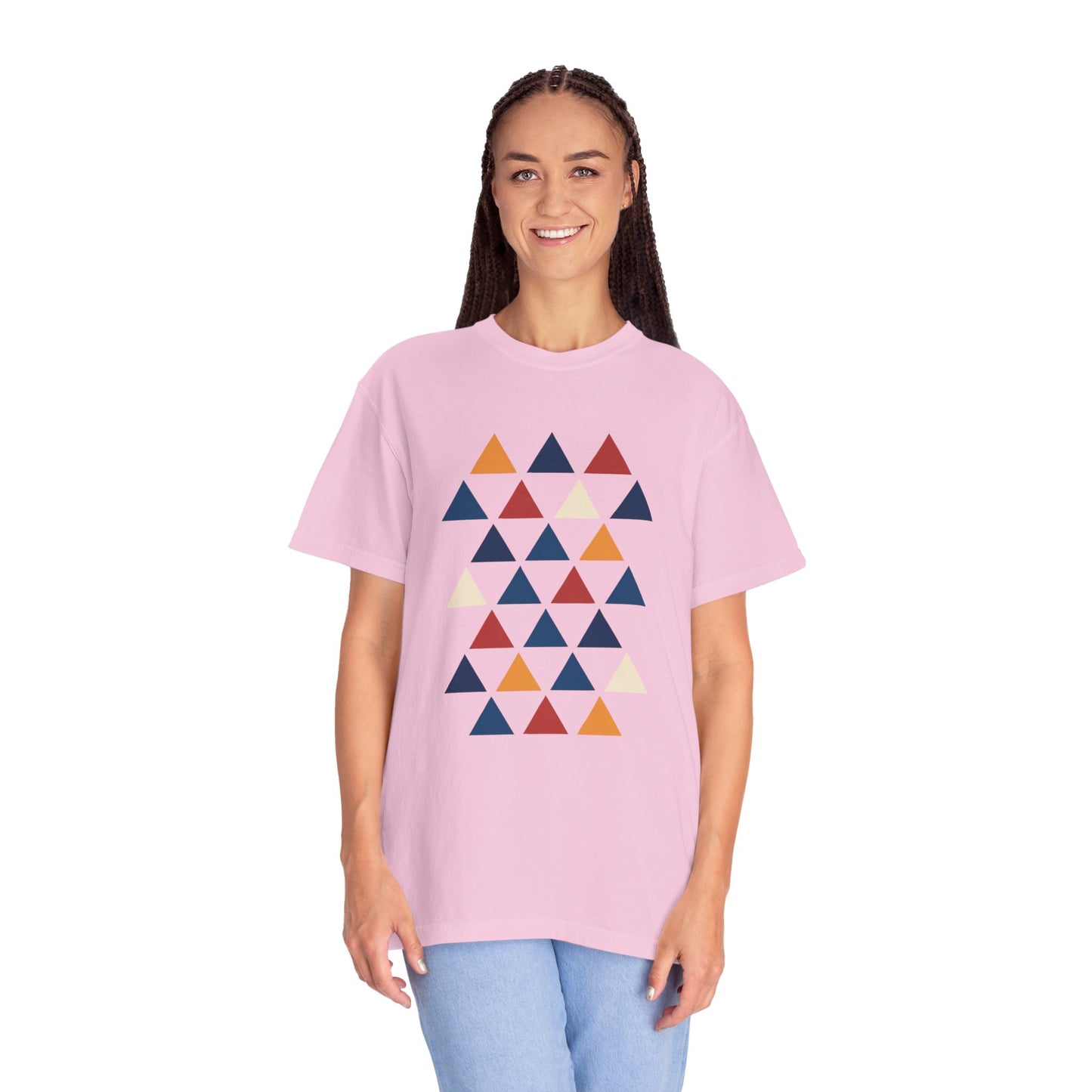 Geometric Triangle Grid T-Shirt showcases a minimalist design with double-needle stitching, featuring a grid of equilateral triangles. Crafted from 100% US cotton, it combines style and comfort seamlessly.