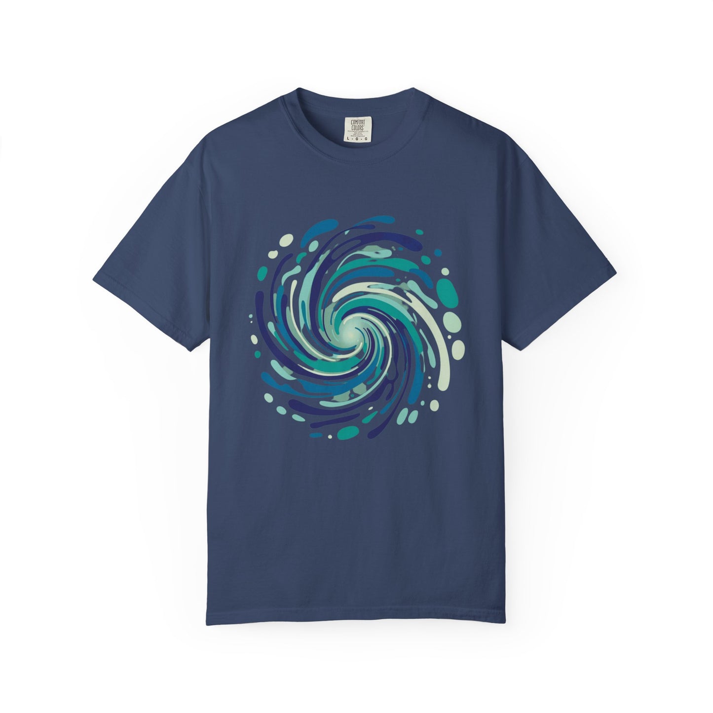 Ocean Waves Abstract T-Shirt features a central vortex of fluid lines and bubble-like shapes, capturing the essence of swirling ocean currents, perfect for beach outings and casual summer wear.