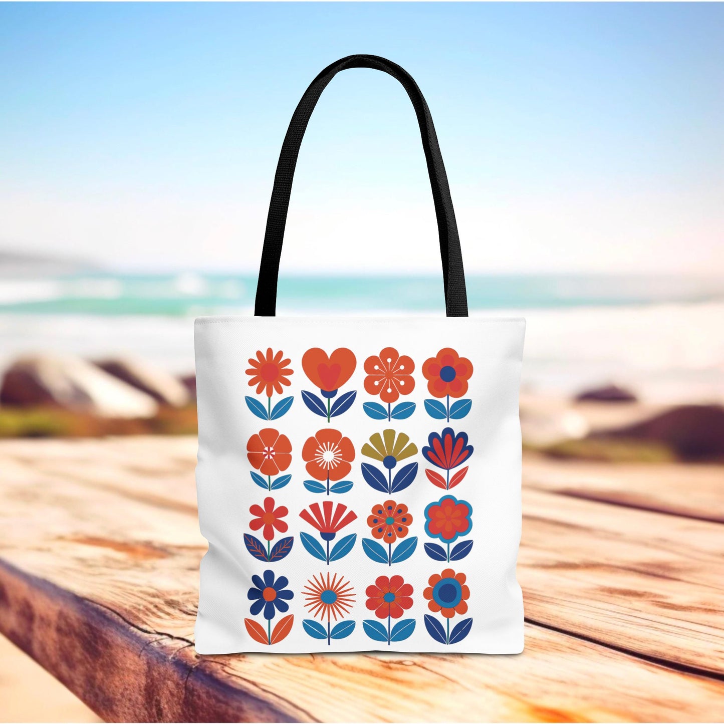 Floral Tote Bag with mid-century modern floral design, showcasing boxed corners and reinforced handles, perfect for fashion-forward individuals seeking trendy, durable everyday essentials from FireBrook Essentials.