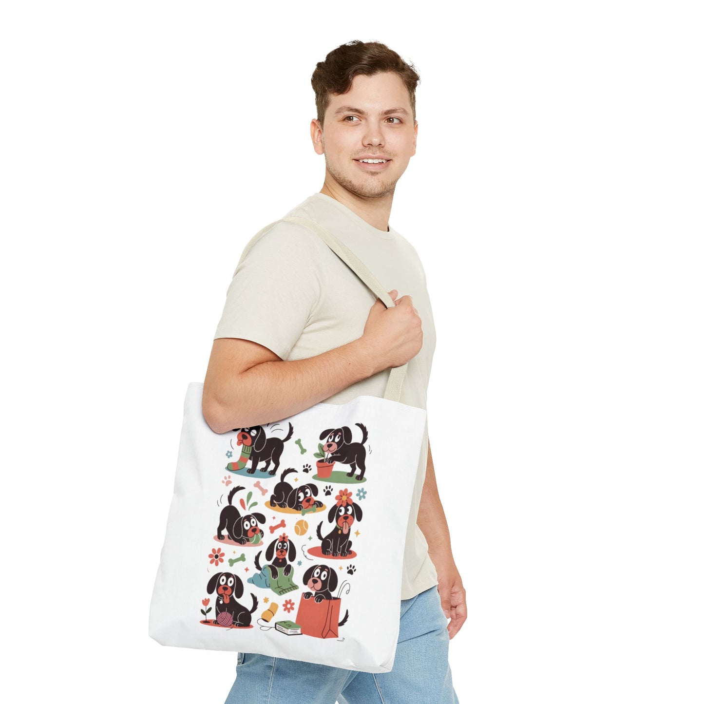 Dog Tote Bag - Playful Cartoon Illustration Design featuring whimsical dogs in fun poses with objects, ideal for dog lovers. Made from durable polyester, perfect as a reusable accessory or gift.