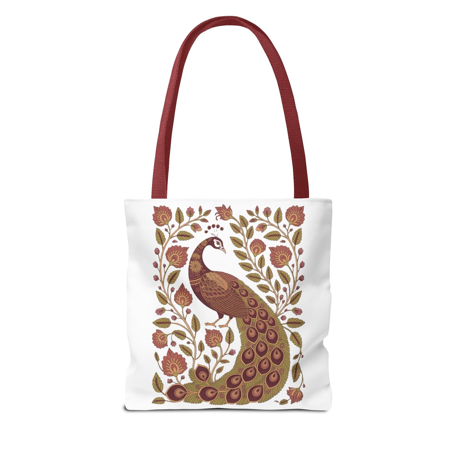Peacock Tote Bag with Floral Vines and Paisley Motifs showcases a central peacock surrounded by floral and paisley designs, emphasizing elegance and nature-inspired style, perfect for everyday use or gifting.