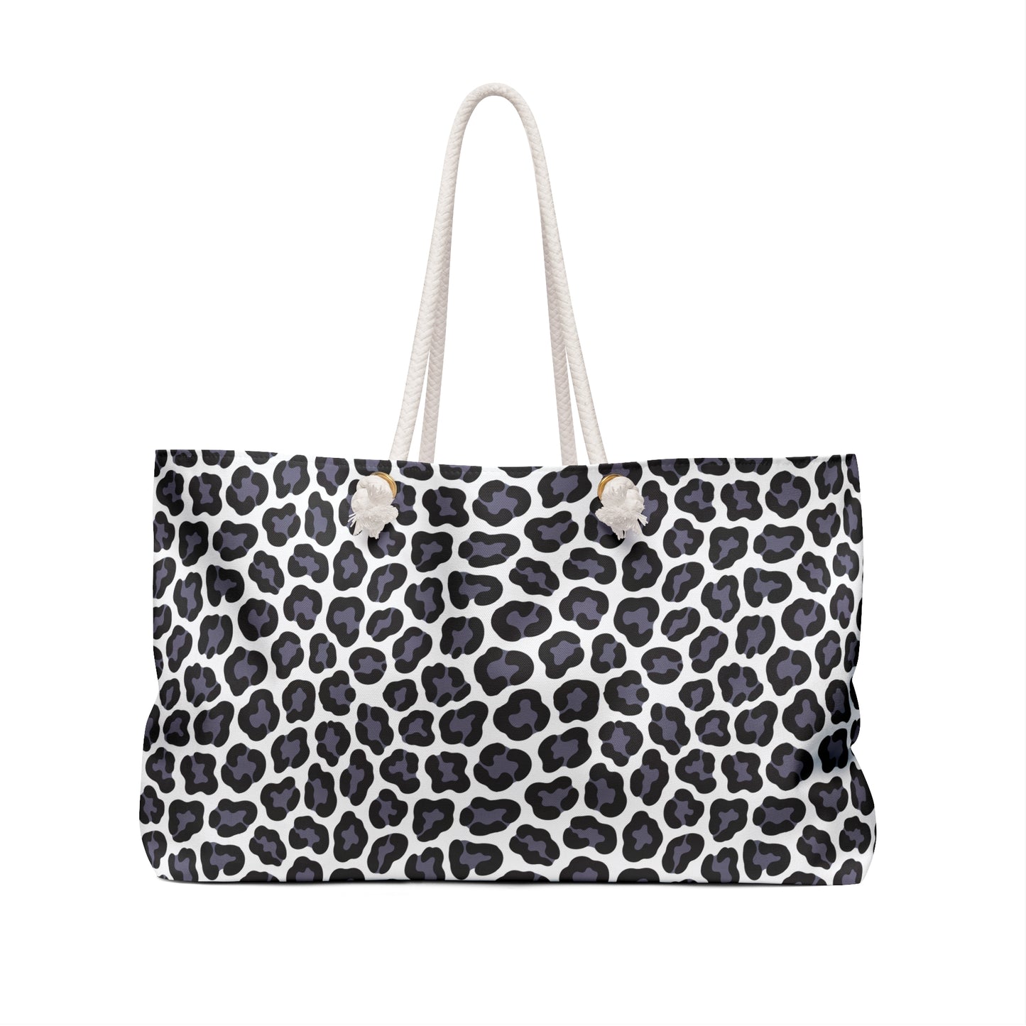 Weekender Bag - Gray Cheetah Print Duffle Bag, featuring a stylish cheetah pattern, durable spun polyester fabric, rope handles, and spacious design, ideal for fashionable travelers seeking practicality and flair.
