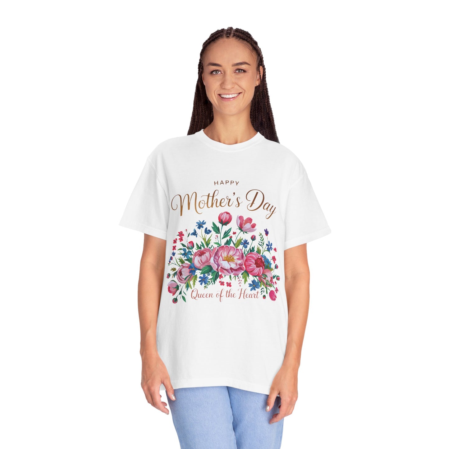 Happy Mother's Day Queen of the Heart T-Shirt, featuring a classic crew neckline and double-needle stitching, showcases a heartfelt design, embodying FireBrook Essentials' commitment to comfort and style for celebrating special mother figures.