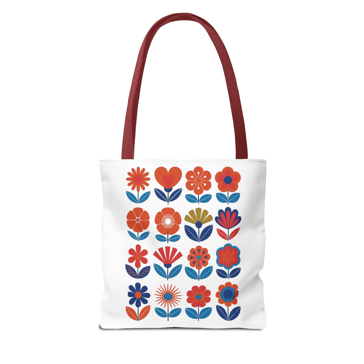 Floral Tote Bag with mid-century modern floral design, showcasing durable polyester fabric and reinforced handles. Ideal for carrying essentials, reflecting FireBrook Essentials' blend of style and functionality. Available in multiple sizes and handle options.