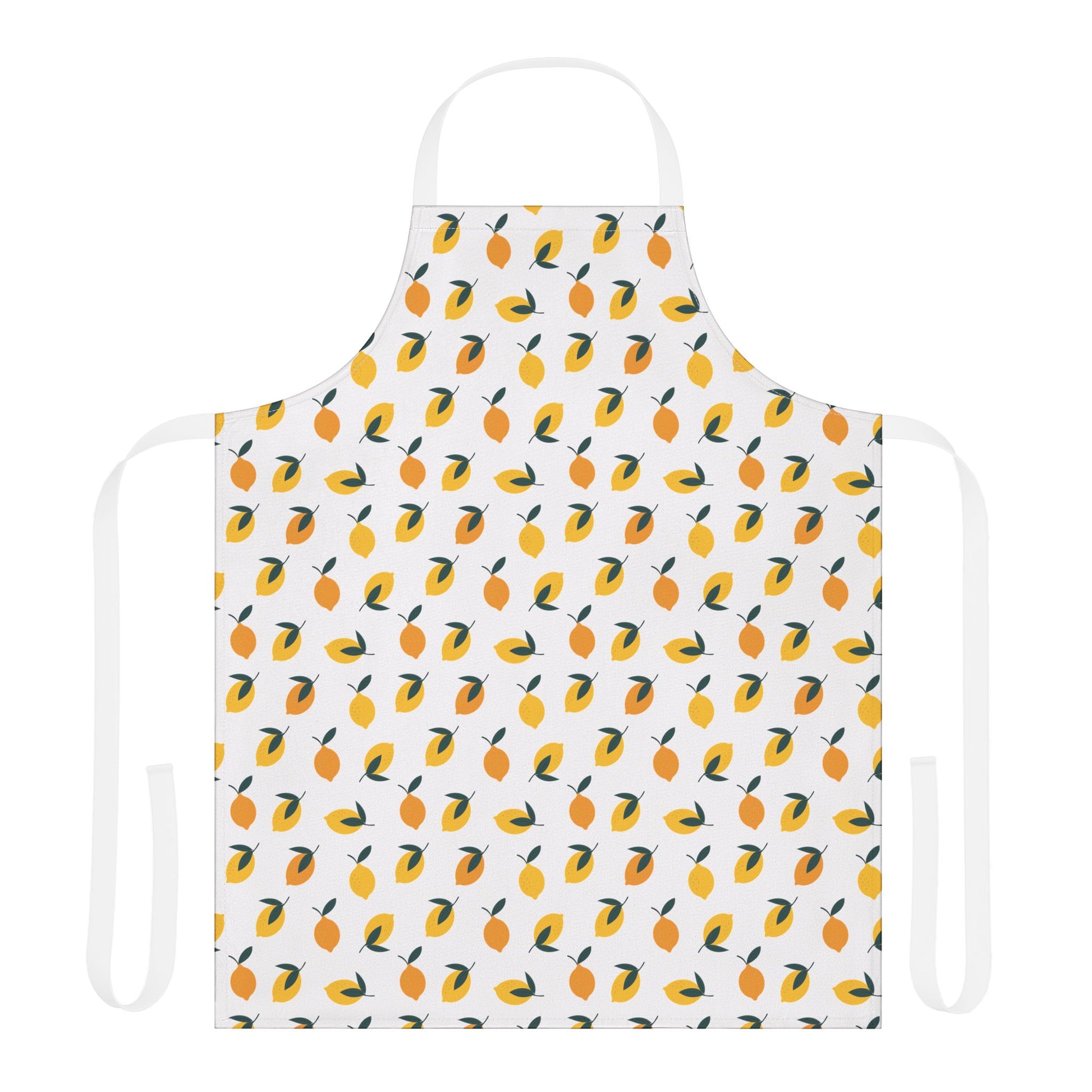 Lemons Apron featuring a playful orange pattern on a white background, perfect for stylish cooking. Designed for comfort and stain resistance, it embodies FireBrook Essentials' commitment to uplifting, joyful kitchen wear.