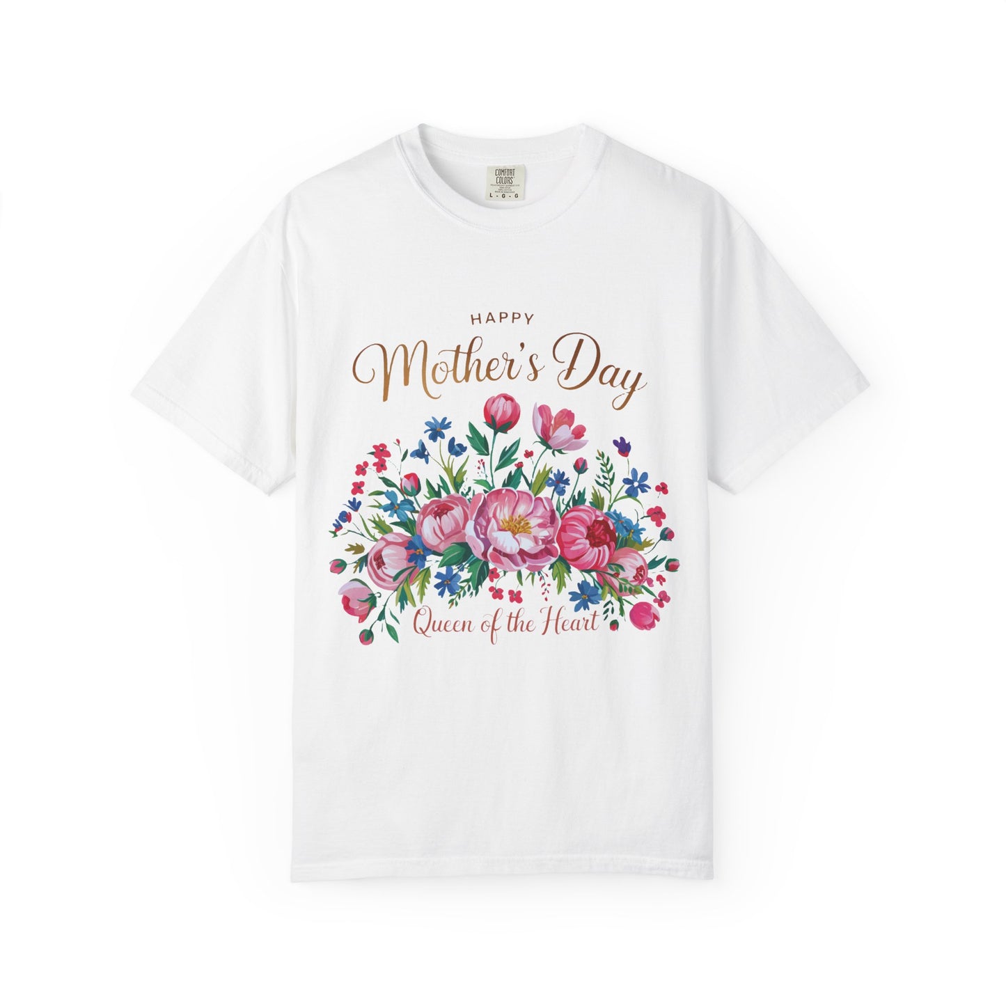 Happy Mother's Day Queen of the Heart T-Shirt displaying a classic crew neckline and comfy fit, crafted from high-quality US cotton with durable double-needle stitching, perfect for celebrating mother figures.