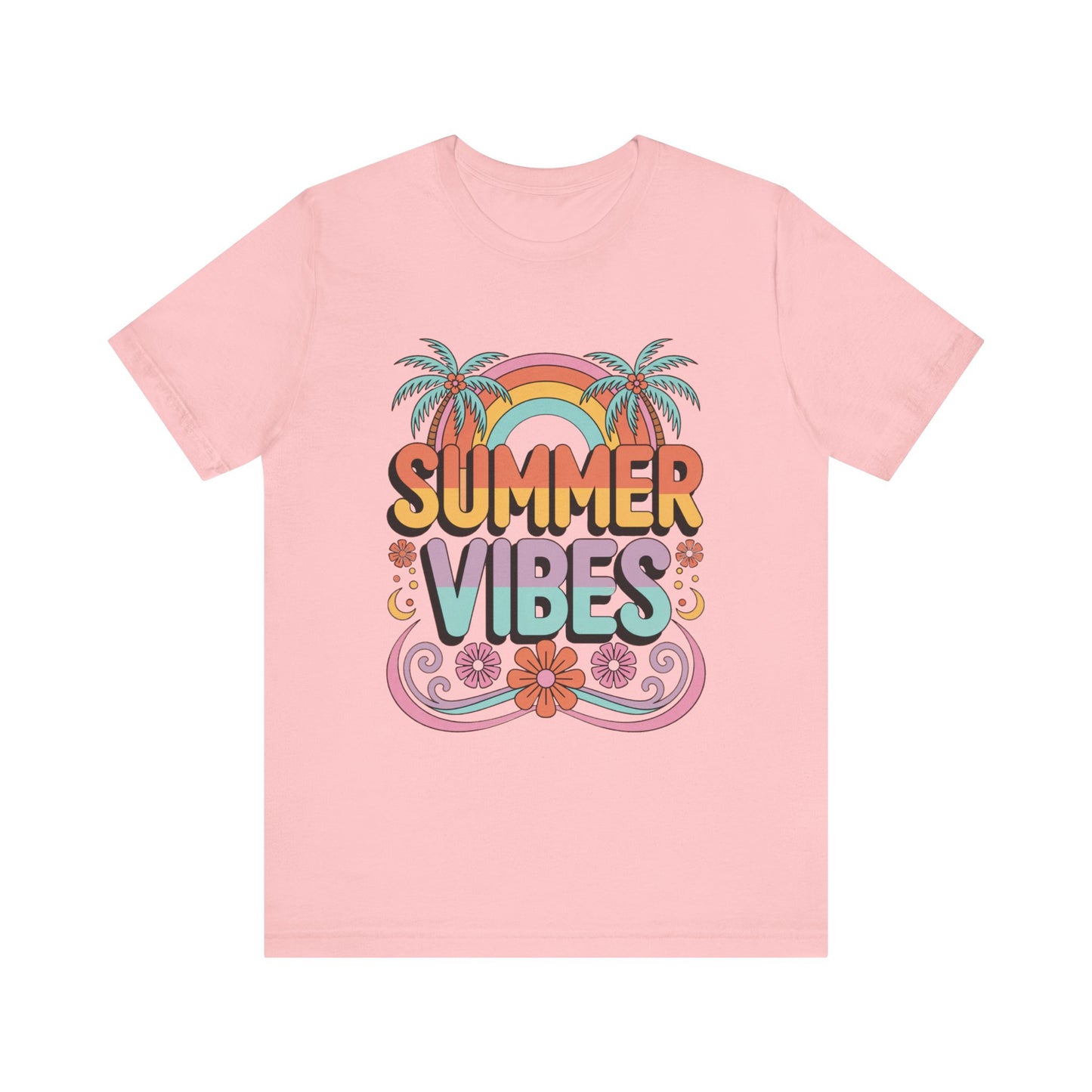 Summer Vibes Bella+Canvas Unisex Tee featuring a vibrant graphic with rainbow and palm trees, perfect for casual and active wear.