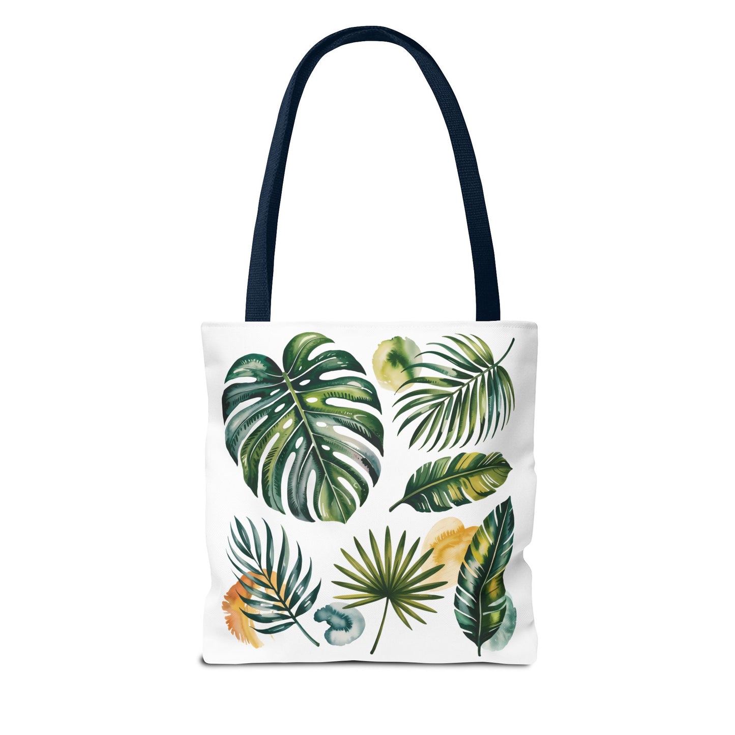 Tropical Leaves Tote Bag featuring vibrant green leaf patterns, designed for durability and style. Ideal for beach trips or shopping, reflecting FireBrook Essentials' commitment to joyful, uplifting designs.