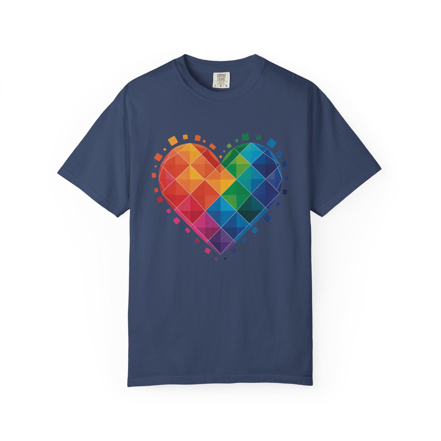 Rainbow Geometric Heart T-Shirt featuring a vibrant, layered heart design with translucent squares and a rainbow gradient, ideal for casual wear or special occasions, embodying FireBrook Essentials' joyful and stylish spirit.
