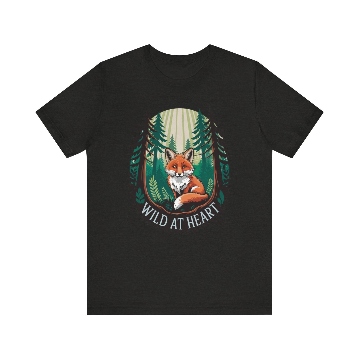 Wild at Heart Fox Illustration Bella+Canvas Unisex T-Shirt featuring a charming cartoon fox amidst trees, embodying a playful, nature-inspired design. Ideal for casual wear and animal enthusiasts.