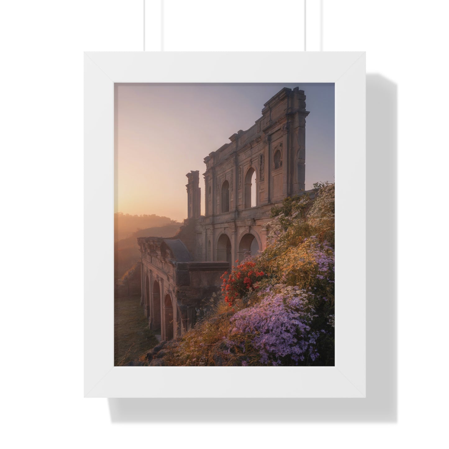Vertical Poster - Ancient Palace Ruins with Wildflowers: A framed poster showcasing vibrant wildflowers enveloping ancient palace ruins, creating a picturesque and mysterious allure. Ideal for enhancing home decor with historical and natural beauty.