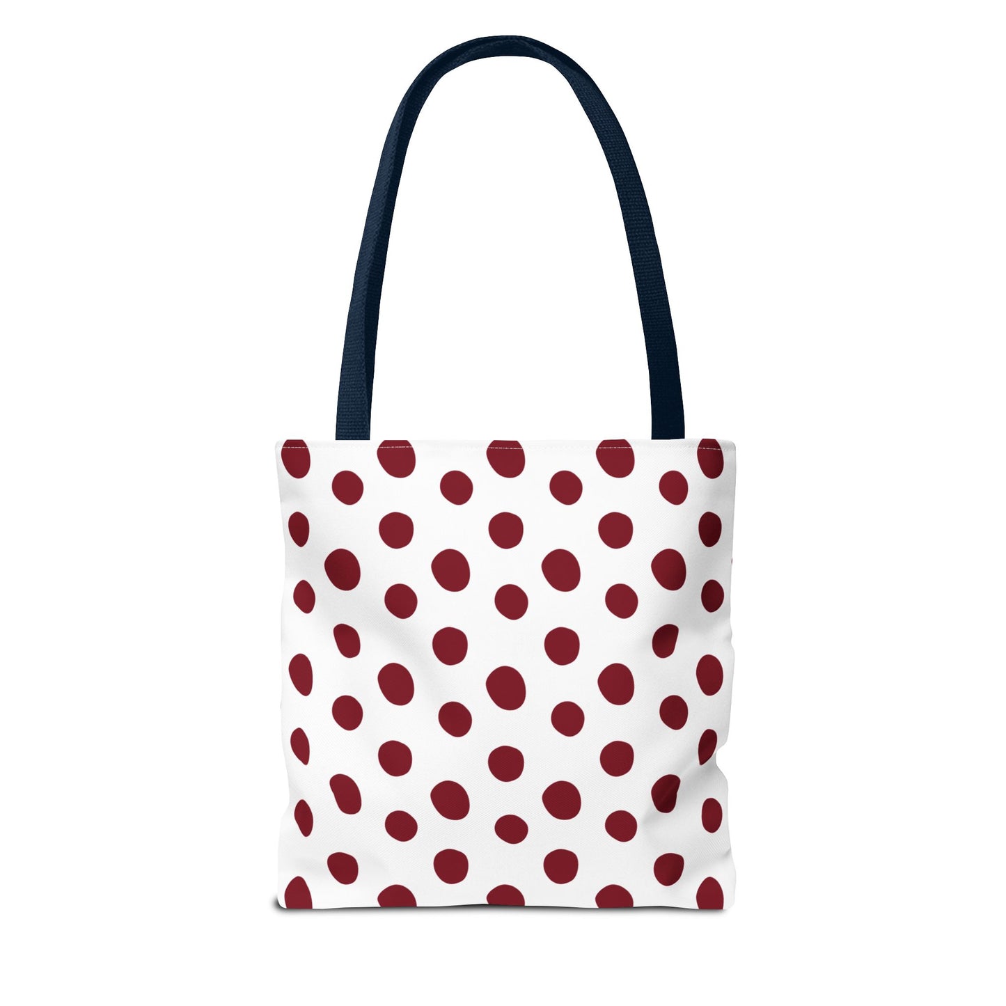 Burgundy Polka Dots Tote Bag featuring a classic design with white and red polka dots, durable polyester fabric, and reinforced handles, perfect for everyday use, enhancing your style from FireBrook Essentials.